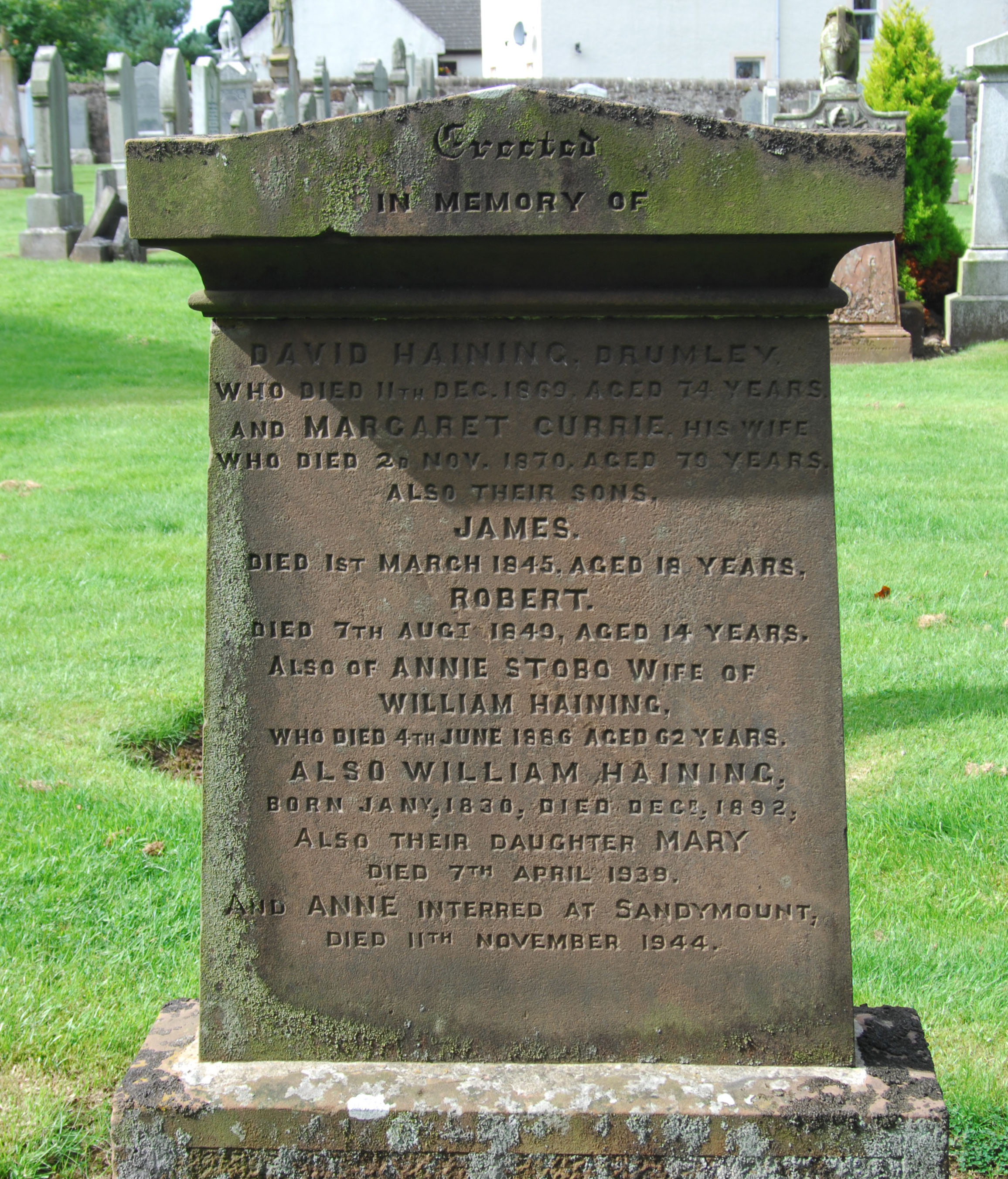 Haining gravestone in Tarbolton Churchyard (18315 KB) Photo taken by Alice Stevenson; used by permission. (Click on Picture to View Full Size) picture