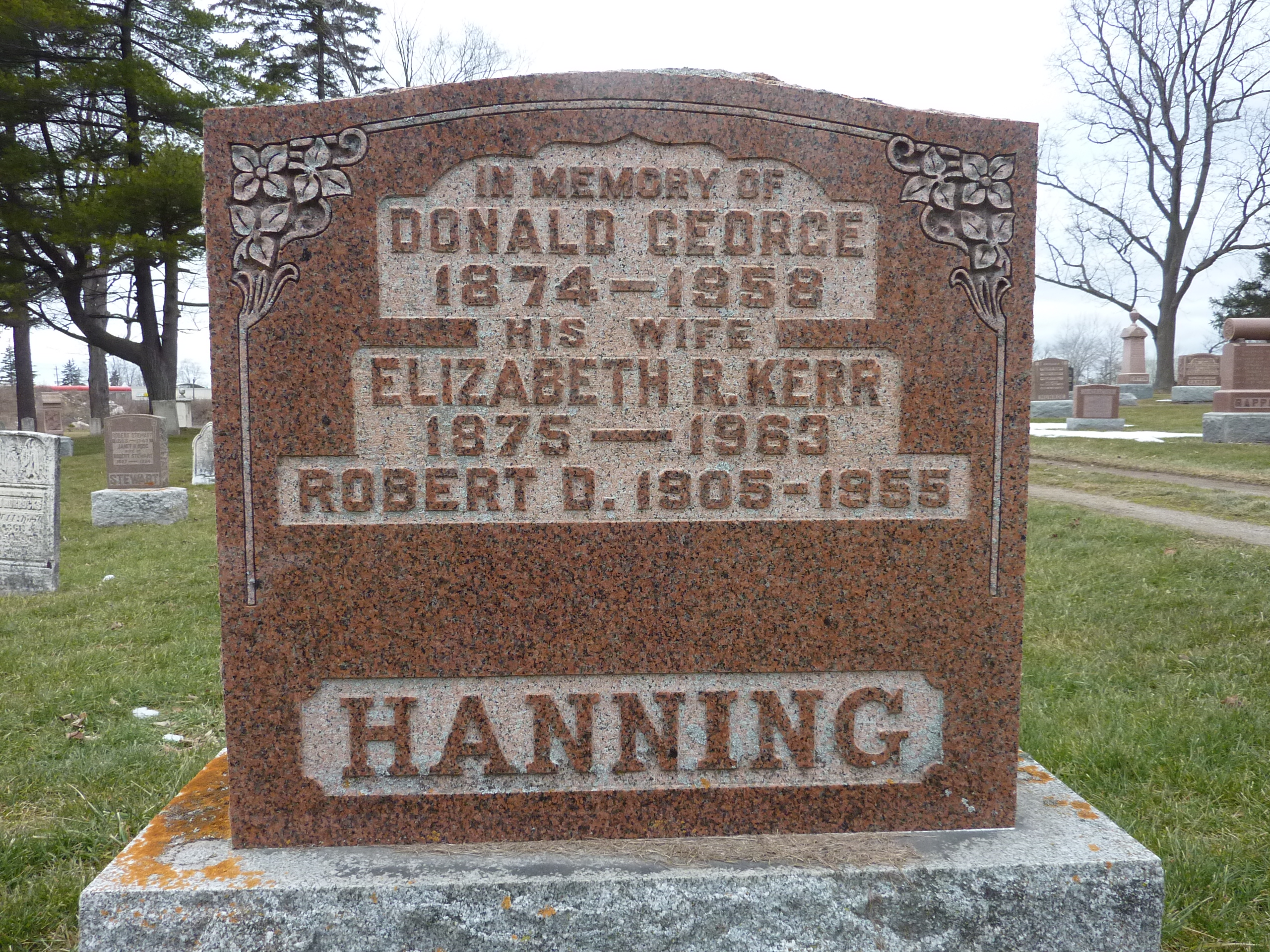 Tombstone of Donald George Hanning, wife Elizabeth Riddle Kerr, and son Robert Douglas Hanning, Crown Cemetery (14400 KB) johnturtle_1 originally shared this 10 Jan 2012 Portrait / Family Photo Photo by John Henderson 10 Jan 2012 Crown Cemetery, Puslinch Township, Wellington County, Ontario, Canada (Click on Picture to View Full Size) picture