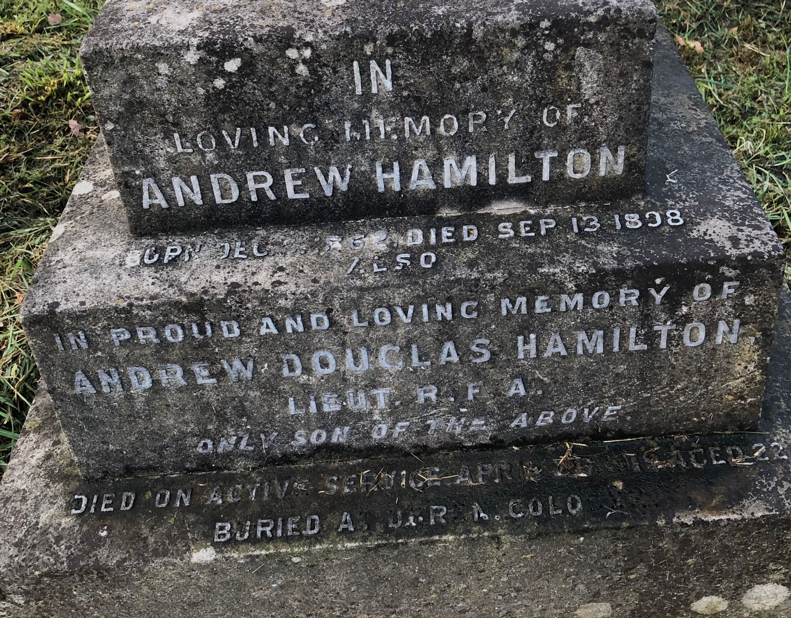 Detail view of Andrew Hamilton gravestone (15936 KB) 24 September 2019 Andrew Hamilton gravestone (and cenotaph for Andrew's son Andrew Douglas Hamilton) in Hampstead Cemetery, London. Photo from FindAGrave; Added by D (FindAGrave member #48718116) on 21 Dec 2019. Photo used by permission. (Click on Picture to View Full Size) picture
