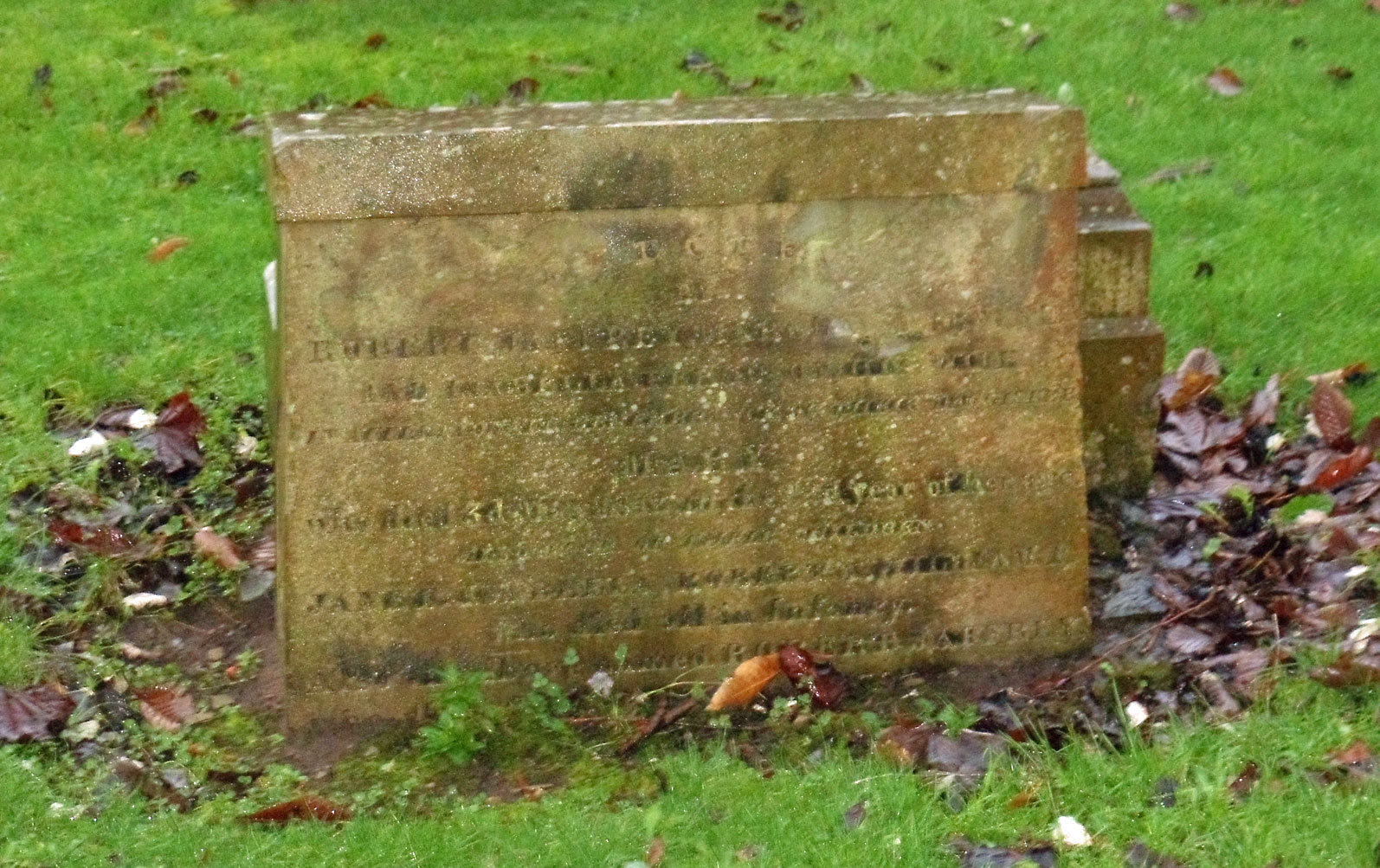 Another view of the Robert Jaffrey and Isabella Ferguson family gravestone in Irvine Kirkyard (gravestone F3). (4689 KB) 10 December 2014 Photo taken by William Kerr; used by permission. For other Irvine Churchyard inquiries, please contact local historian William Kerr (bkstinan@msn.com), founder of the Irvine Kirkyard Preservation Group. (Click on Picture to View Full Size) picture