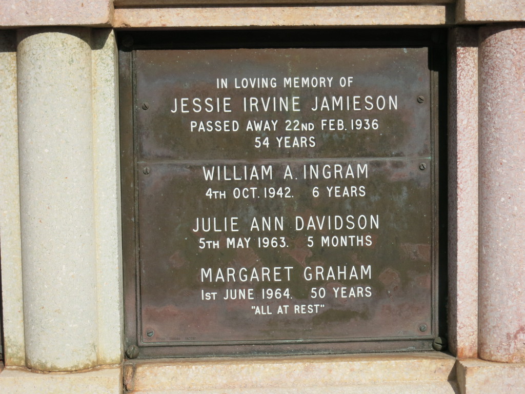 Columbarium placque for Jessie Jamieson, William Ingram, Julie Davidson, and Margaret Graham at Mount Thompson Memorial Gardens (2304 KB) Photo courtesy of HeavenAddress. (Click on Picture to View Full Size) picture