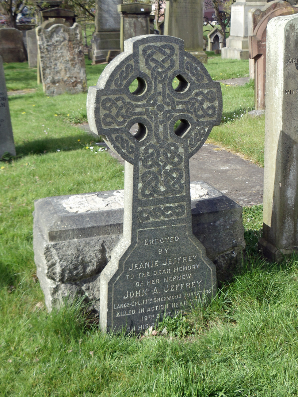 John A. Jeffrey cenotaph in Irvine Kirkyard (3690 KB) 2 May 2015 John A. Jeffrey cenotaph in Irvine Kirkyard, Irvine, North Ayrshire, Scotland. Photo taken 2 May 2015 by William Kerr; used by permission. For other Irvine Churchyard inquiries, please contact local historian William Kerr (bkstinan@msn.com), founder of the Irvine Kirkyard Preservation Group. Inscription: ERECTED BY JEANIE JEFFREY TO THE DEAR MEMORY OF HER NEPHEW JOHN A. JEFFREY LANCE CPL. 17TH SHERWOOD FORESTERS KILLED IN ACTION NEAR YPRES 19TH SEPT. 1917 ON HIS 24TH BIRTHDAY. (Click on Picture to View Full Size) picture
