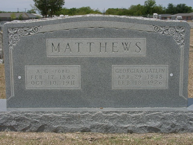 A.G. and Georgia Matthews gravestone in Copperas Cove Cemetery (900 KB) Photo from FindAGrave; Added by: Roadrunner, 7/19/2009 (Click on Picture to View Full Size) picture