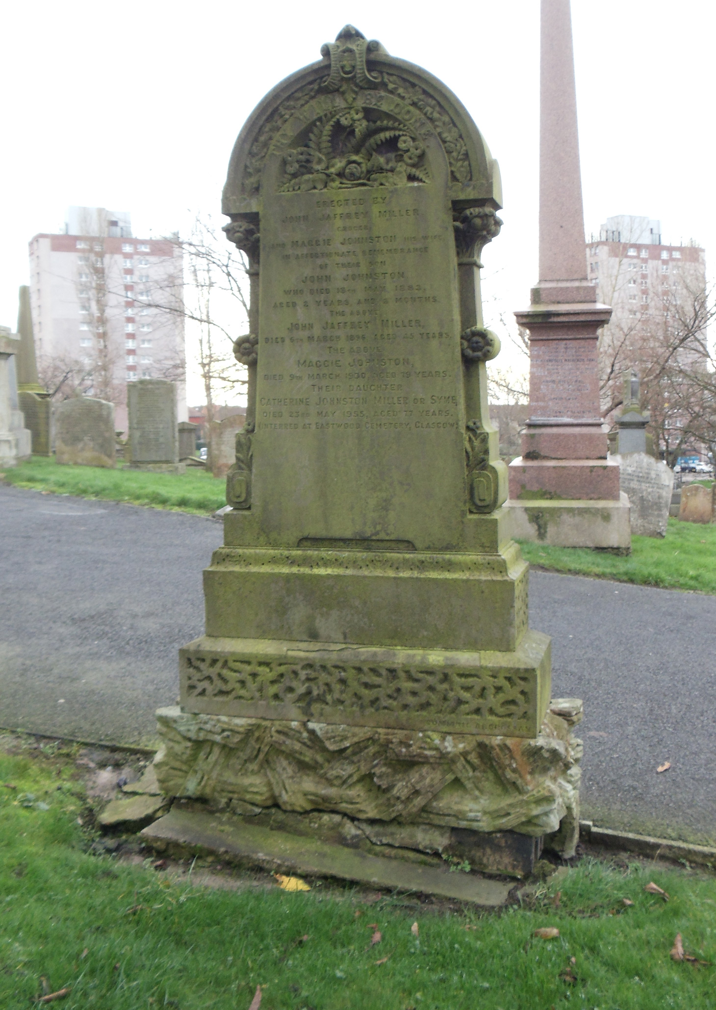 John Jaffrey gravestone monument for himself, his wife Maggie Johnston, and two of their children: John Johnston Miller, and Catherine Johnston Miller or Syme. Irvine Kirkyard, Irvine, North Ayrshire, Scotland. (8811 KB) 27 November 2014 Photo taken by William Kerr; used by permission. For other Irvine Churchyard inquiries, please contact local historian William Kerr (bkstinan@msn.com), founder of the Irvine Kirkyard Preservation Group. (Click on Picture to View Full Size) picture