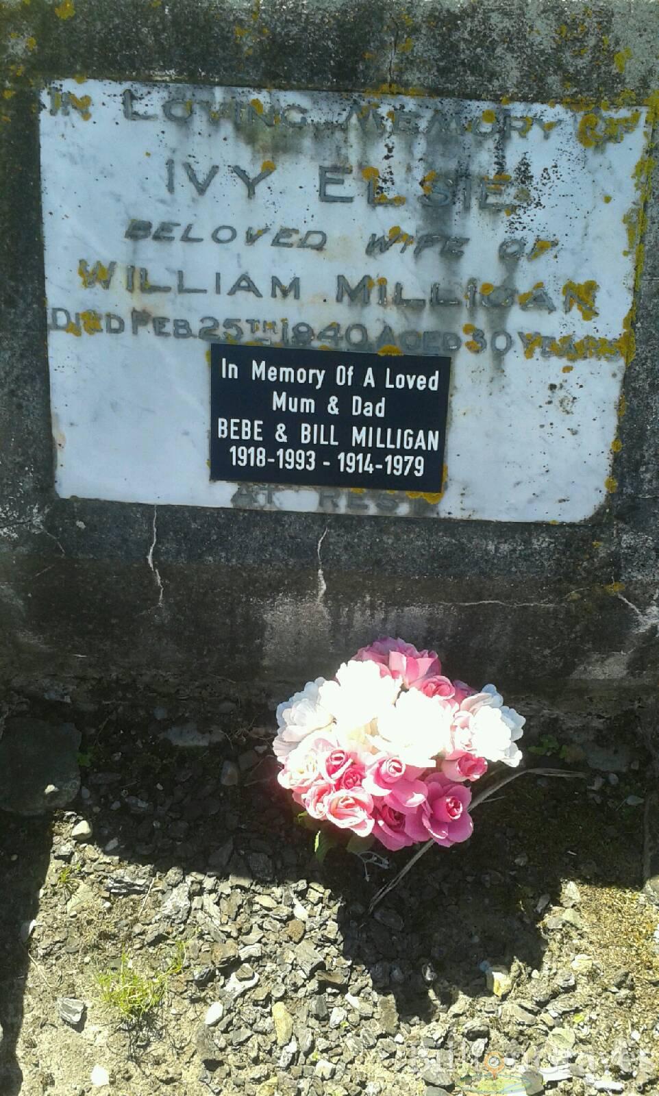 Gravestone in Waimangaroa Cemetery for Ivy Elsie (Dowse) Milligan, her husband William 'Bill' Milligan, and his second wife Bebe (4518 KB) Photo from BillionGraves.com; Photographer: Claire, January 20, 2015; Transcriber: Claire, January 21, 2015 (Click on Picture to View Full Size) picture