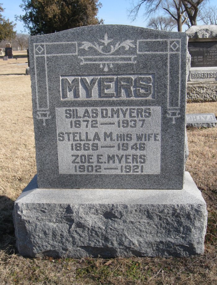 Silas, Stella, and Zoe Myers gravestone in Harper Cemetery (1882 KB) Photo from FindAGrave; Added by: Judy Mayfield, 1/04/2009 (Click on Picture to View Full Size) picture