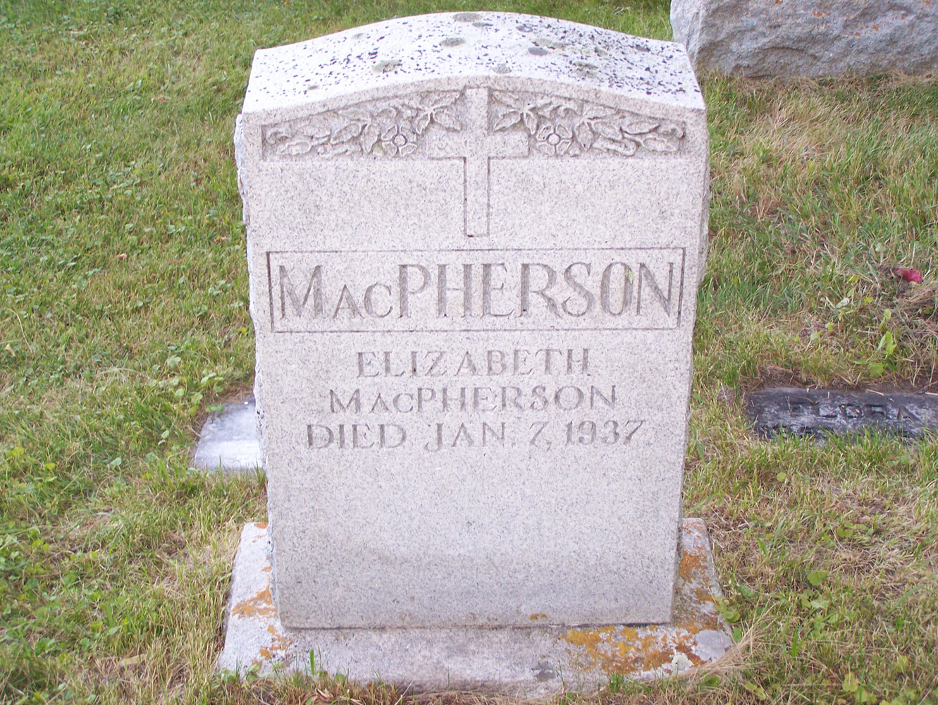 Elizabeth MacPherson gravestone in the Elmwood Circle Block of Lake of the Woods Cemetery in Kenora, Ontario, Canada (3908 KB) Photo courtesy of Murray Pletsch of The Canadian Gravemarker Gallery (http://freepages.genealogy.rootsweb.ancestry.com/~murrayp/kenora/kenora/woods/elmwood/macpher1.jpg); used by permission. (Click on Picture to View Full Size) picture