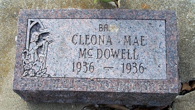 Cleona Mae McDowell gravestone in Hanna Cemetery (676 KB) Photo from FindAGrave; Added by: Lady In Black, 3/10/2008 (Click on Picture to View Full Size) picture