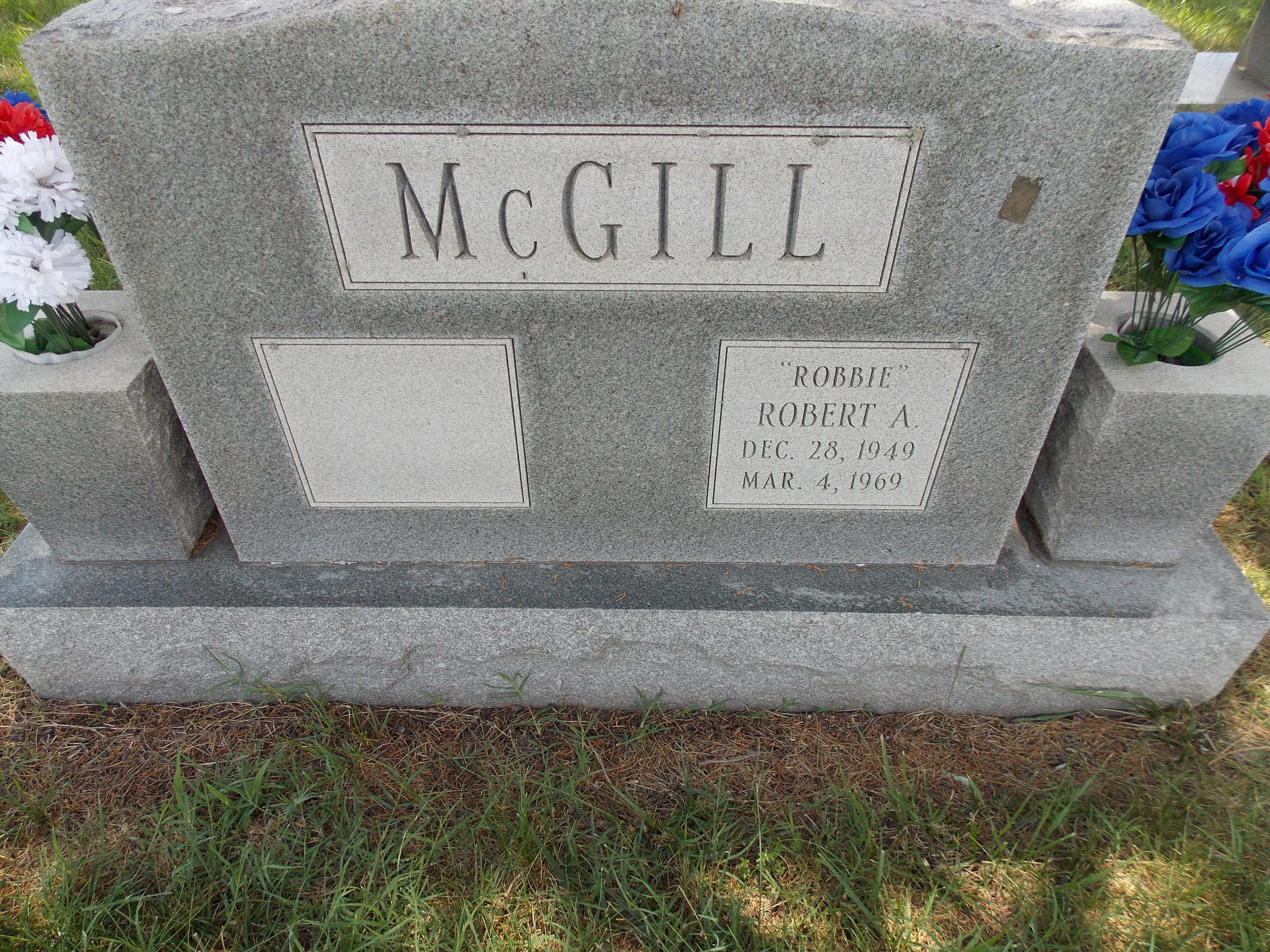 Robbie McGill inscription on the family gravestone in Sunset Memorial Park (46656 KB) Photo from FindAGrave; Added by: Daisy Taylor, 7/01/2016 Note that this inscription is on the back side of the gravestone for Robbie's adopted father, Charles Merwyn McGill. (Click on Picture to View Full Size) picture