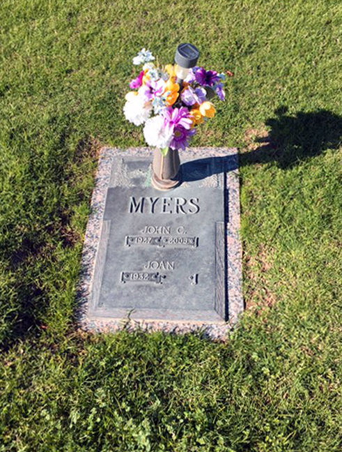 John C. Myers gravestone in Green Acres Memorial Park (937 KB) 25 November 2016 Photo courtesy of Jim Myers; used by permission. (Click on Picture to View Full Size) picture