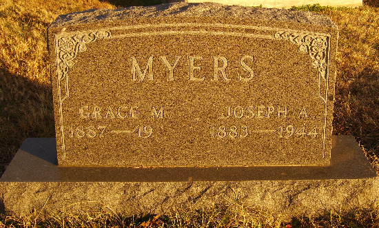 Joseph A. Myers gravestone (and Grace Myers cenotaph) in Mount Olive Cemetery (535 KB) Photo from FindAGrave; Added by: Janice Dillworth, 1/25/2009 (Click on Picture to View Full Size) picture