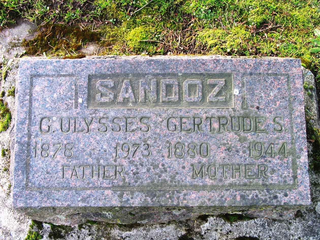 Ulysses and Gertrude Sandoz gravestone in Newberg, Oregon (3488 KB) Cemetery is either Newberg Friends Cemetery or the adjacent Fernwood Pioneer Cemetery. Photo from FindAGrave; Added by: Bill Myers, 2/21/2009 (Click on Picture to View Full Size) picture