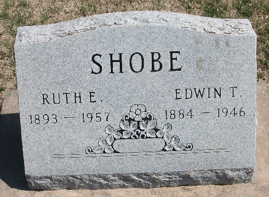Edwin and Ruth Shobe gravestone in Corzine Cemetery (642 KB) Photo from FindAGrave; Added by: Shirley Hause, 3/27/2010 (Click on Picture to View Full Size) picture