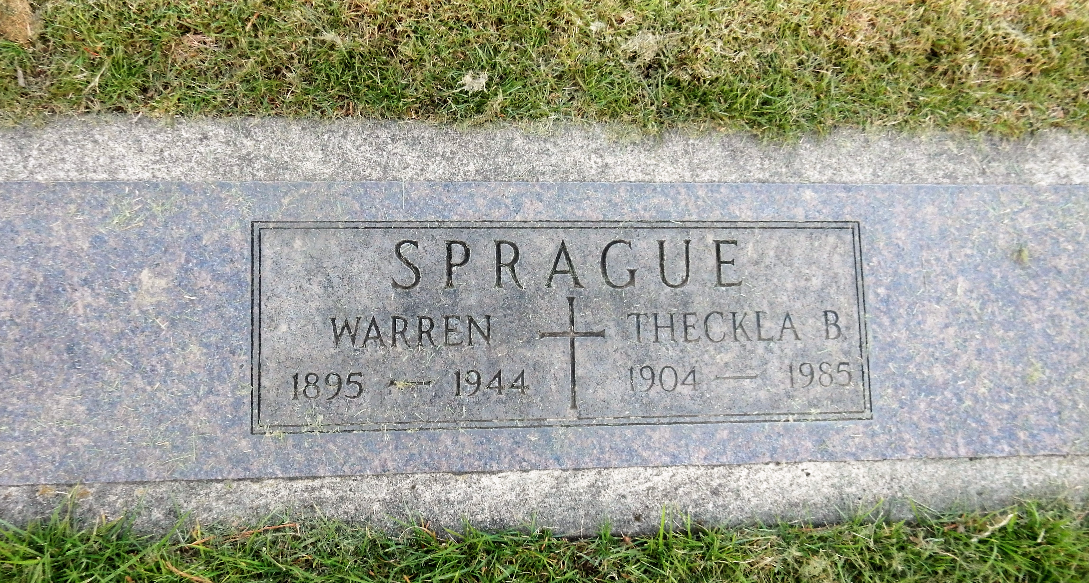 Warren and Theckla Sprague gravestone in Mount Calvary Cemetery (33122 KB) 2016 Photo from FindAGrave; Added by J McL (FindAGrave member #46959617) on 24 Jan 2016 (Click on Picture to View Full Size) picture