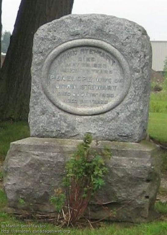 John and Penelope Stewart gravestone in Crown Cemetery (1233 KB) Photo from CanadaGenWeb, courtesy of Marilyn Smith Favaro & Jo-Anne Trousdale (jtrousdale@cogeco.ca), 2010; © Marilyn Smith Favaro (Click on Picture to View Full Size) picture
