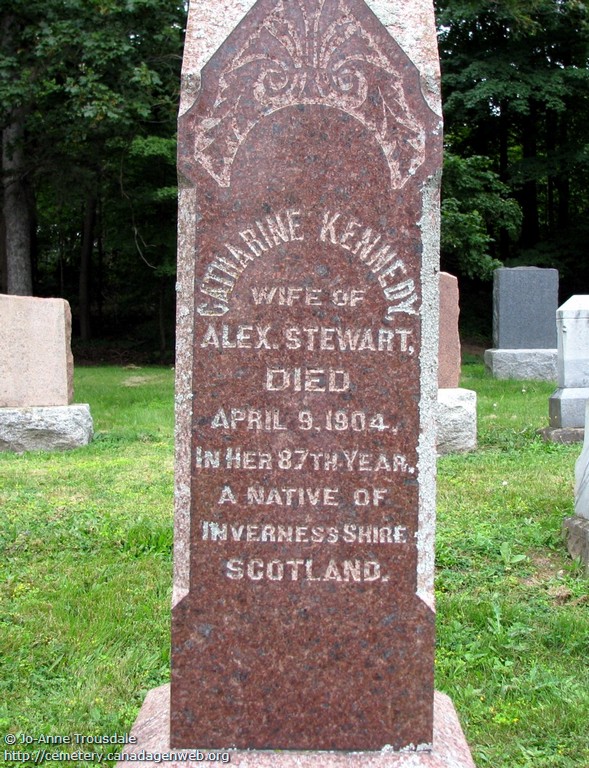 Catharine Kennedy Stewart gravestone in Crown Cemetery (1327 KB) Photo from CanadaGenWeb, courtesy of Marilyn Smith Favaro & Jo-Anne Trousdale (jtrousdale@cogeco.ca), 2010; © Jo-Anne Trousdale (Click on Picture to View Full Size) picture
