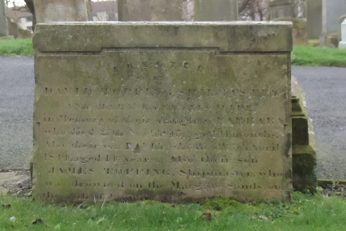 David Topping and Mary Boyd monument for their children Barbara, David, and James; Irvine Kirkyard, Irvine, Scotland (2526 KB) 27 November 2014 Photo taken by William Kerr; used by permission. For other Irvine Churchyard inquiries, please contact local historian William Kerr (bkstinan@msn.com), founder of the Irvine Kirkyard Preservation Group. (Click on Picture to View Full Size) picture