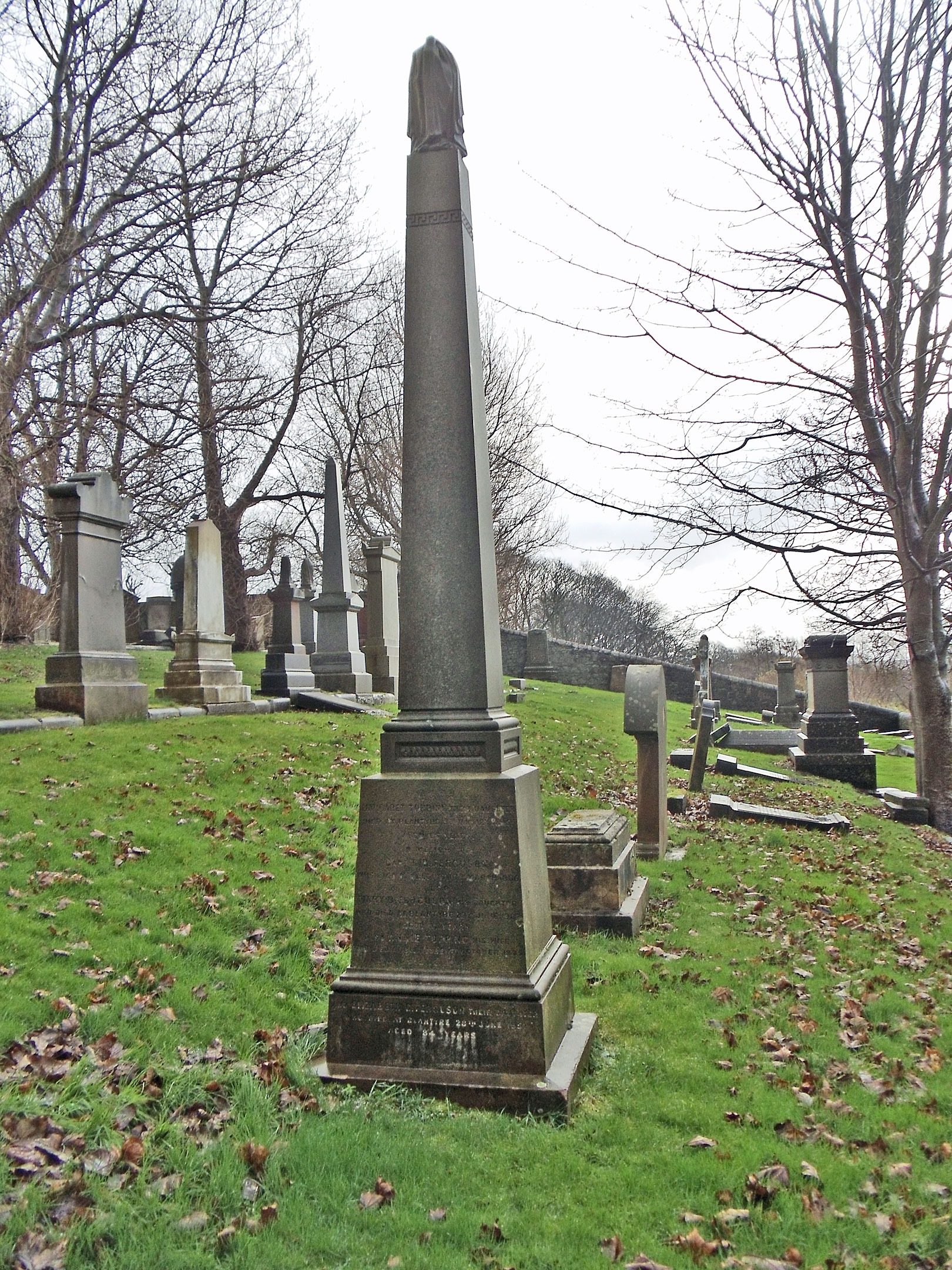 Side C of the David Topping and Mary Boyd family obelisk (gravestone U46). (10251 KB) 7 December 2014 Photo taken by William Kerr; used by permission. For other Irvine Churchyard inquiries, please contact local historian William Kerr (bkstinan@msn.com), founder of the Irvine Kirkyard Preservation Group. (Click on Picture to View Full Size) picture