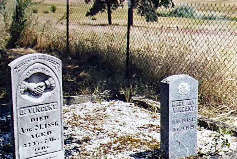 Oliver and Mary Ann Vincent gravestones in Antioch Cemetery (1143 KB) Photo from FindAGrave; Added by: Joyce Bruns Armstrong Cooper, 2/12/2005 'Oliver died in a freak wagon accident.' (Click on Picture to View Full Size) picture
