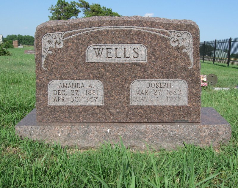 Joseph and Amanda Wells gravestone in Bethany Cemetery (1483 KB) Photo from FindAGrave; Added by: Judy Mayfield, 6/25/2009 (Click on Picture to View Full Size) picture