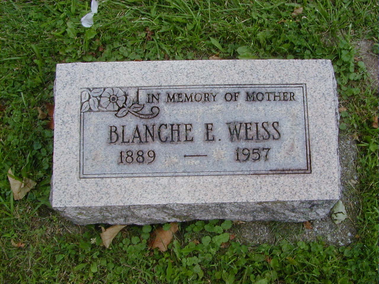 Blanche Weiss gravestone in New Burlington Cemetery (3600 KB) Blanche Weiss rjwalley originally shared this 25 Jul 2008 Portrait / Family Photo Grandma Weiss 7/25/2008 Burlington twp Michigan. Burlington Cemetery on M-60 (Click on Picture to View Full Size) picture