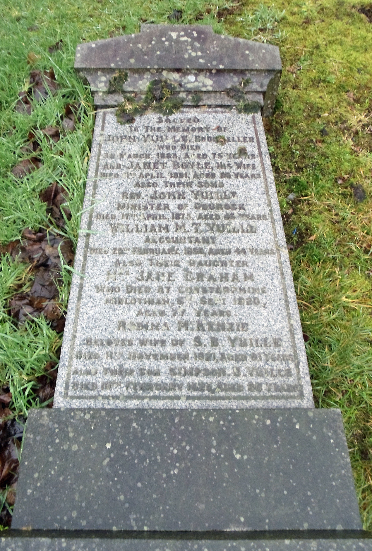 Monument for John Yuille and Janet Boyle family in Irvine Old Parish Churchyard, Irvine, North Ayrshire, Scotland (gravestone U 42 B). (7035 KB) 22 December 2014 Photo taken by William Kerr; used by permission. For other Irvine Churchyard inquiries, please contact local historian William Kerr (bkstinan@msn.com). (Click on Picture to View Full Size) picture
