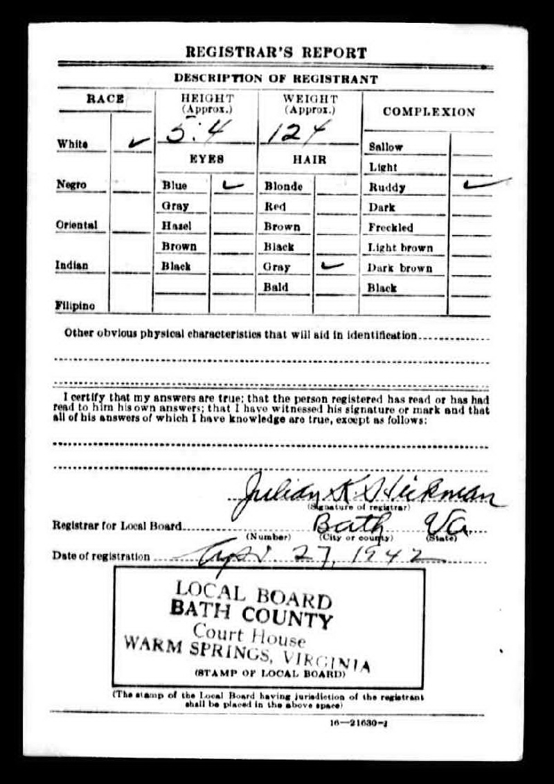draft card flip side (2650 KB) 1942 WWII draft registration card, side 2 — Stuart Ryder Ginger (Click on Picture to View Full Size) picture