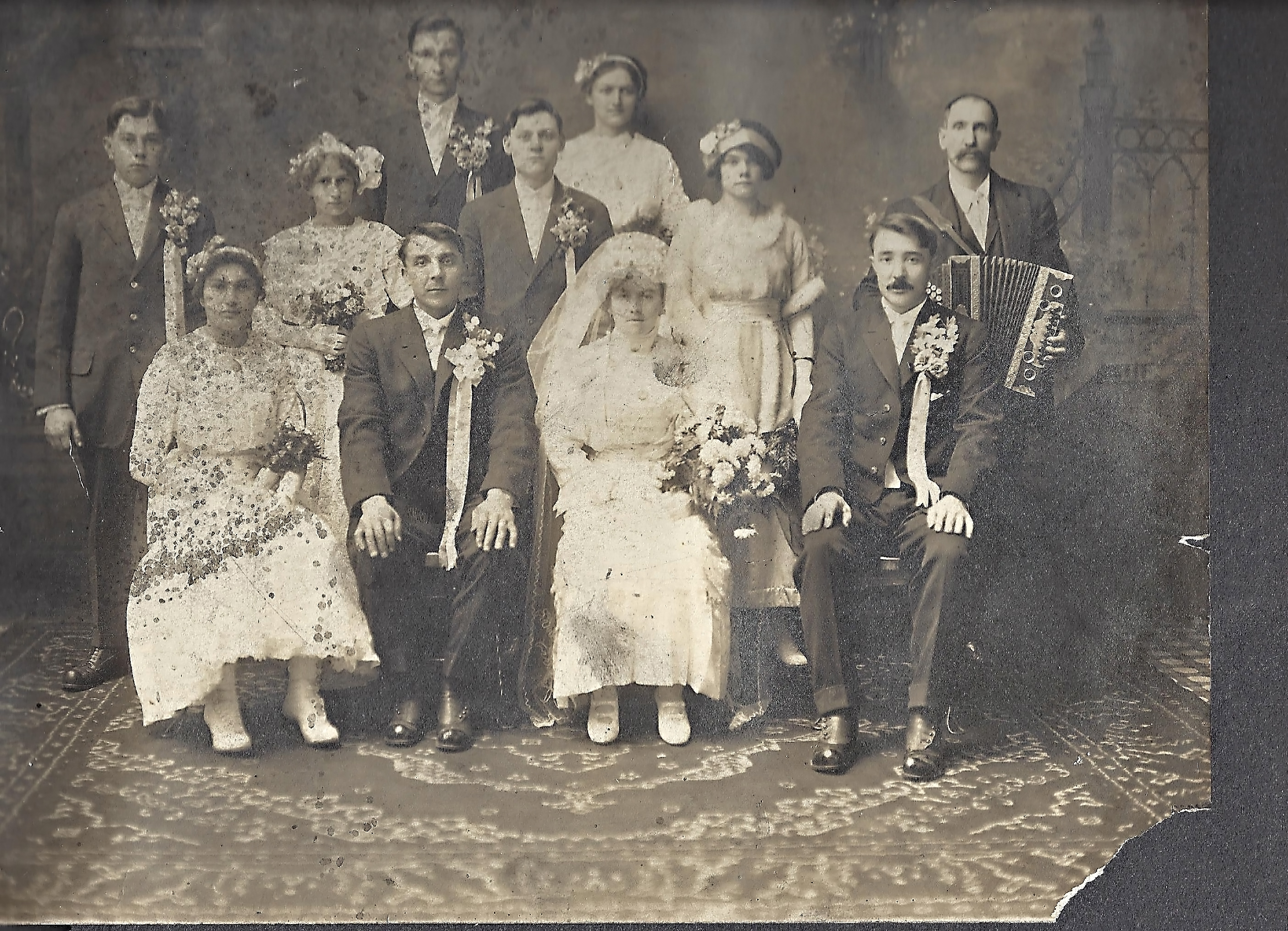 Pete Heirendt, seated right, at his brother Nikolas' wedding to Johannah Adams (16708 KB) 30 August 1913 Photo courtesy of Jaime Compton. Peter Heirendt is seated on right. His brother Nikolas married Johannah and is in the middle as bride and groom. (Click on Picture to View Full Size) picture