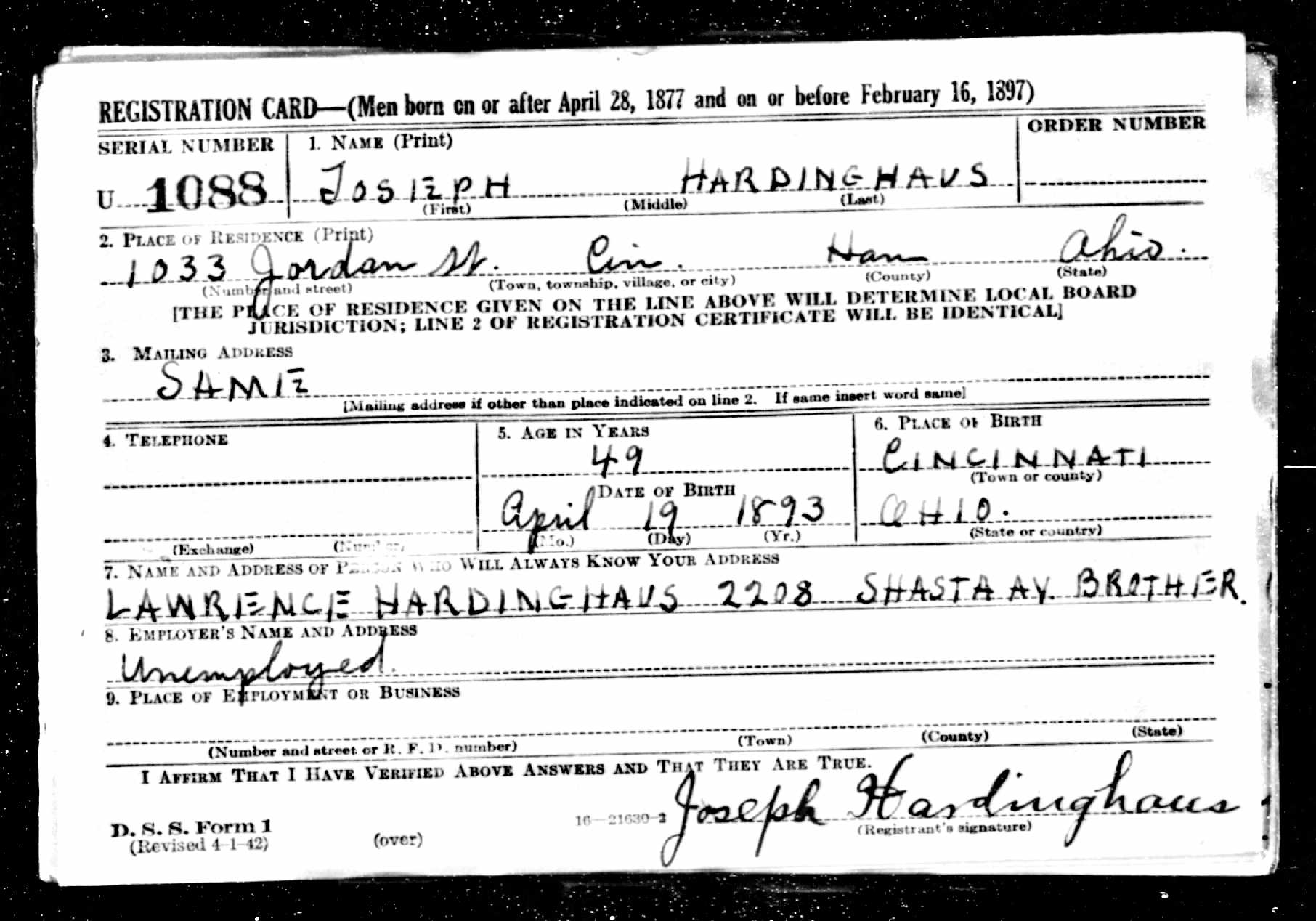 Joseph Hardinghaus WW2 draft registration card (front) (2243 KB) 27 April 1942 Joseph Hardinghaus, b. 19 April 1893 — WW2 draft registration card (front) (Click on Picture to View Full Size) picture