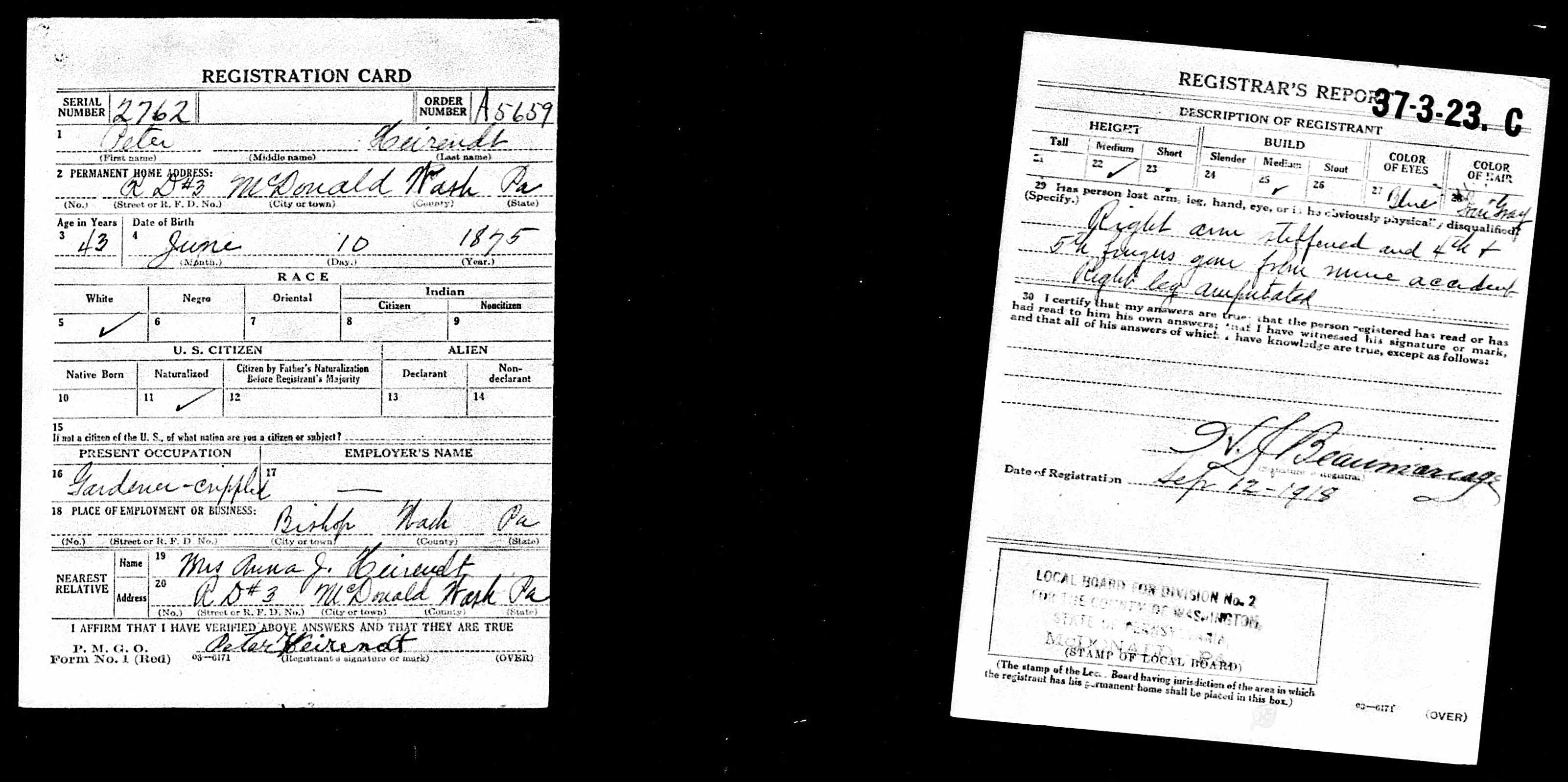 Peter Heirendt — WWI draft registration card (5003 KB) 12 September 1918 (Click on Picture to View Full Size) picture