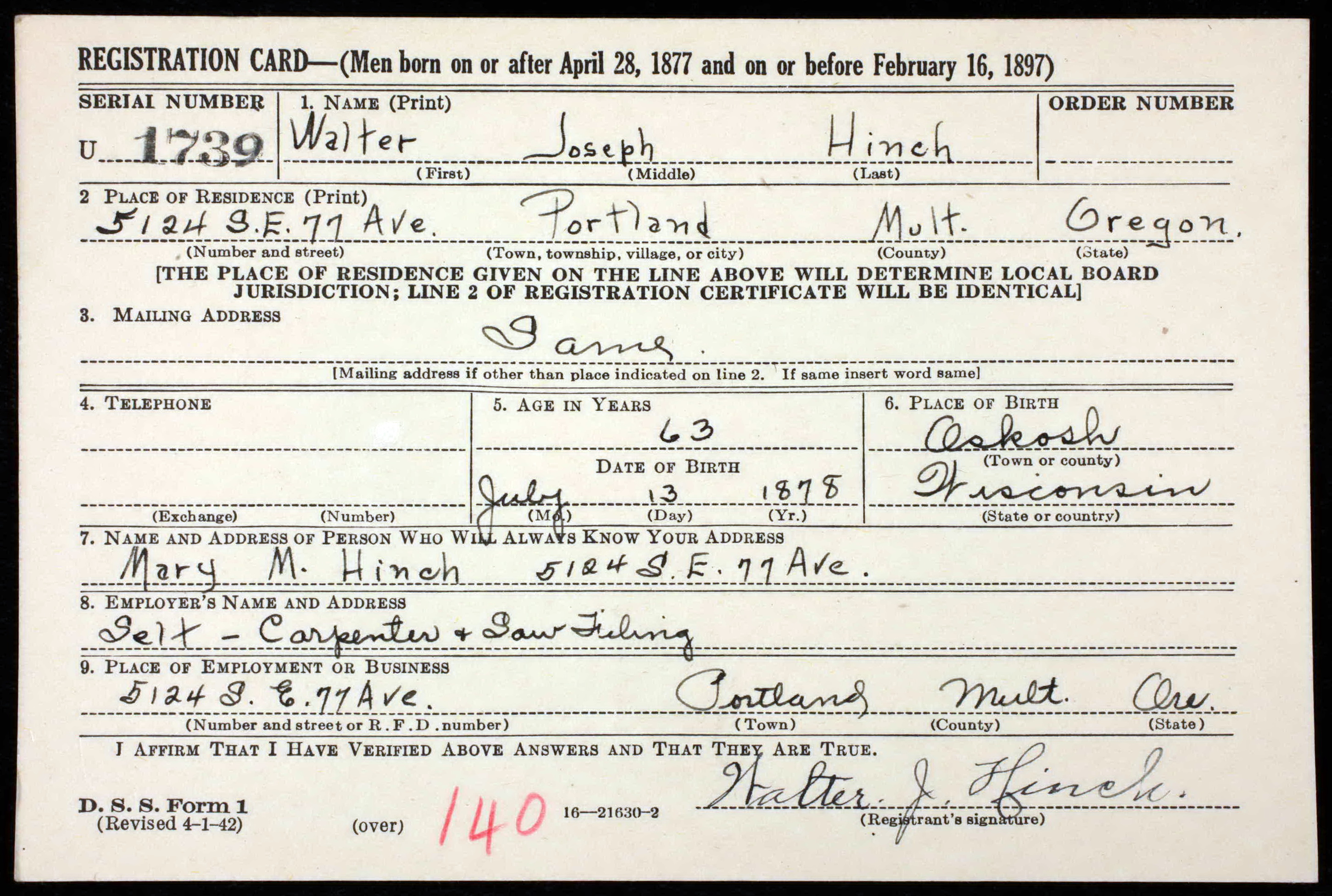 Walter Joseph Hinch WW2 draft registration card (front) (16627 KB) 26 April 1942 Walter Joseph Hinch, b. 13 July 1878 — WW2 draft registration card (front) (Click on Picture to View Full Size) picture