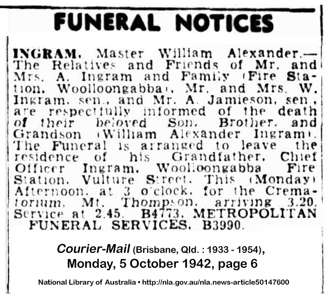 William Alexander Ingram funeral notice (1083 KB) 5 October 1942 from page 6 of the Courier Mail (Brisbane, QLD, Australia) on Monday, 5 Oct 1942 (Click on Picture to View Full Size) picture
