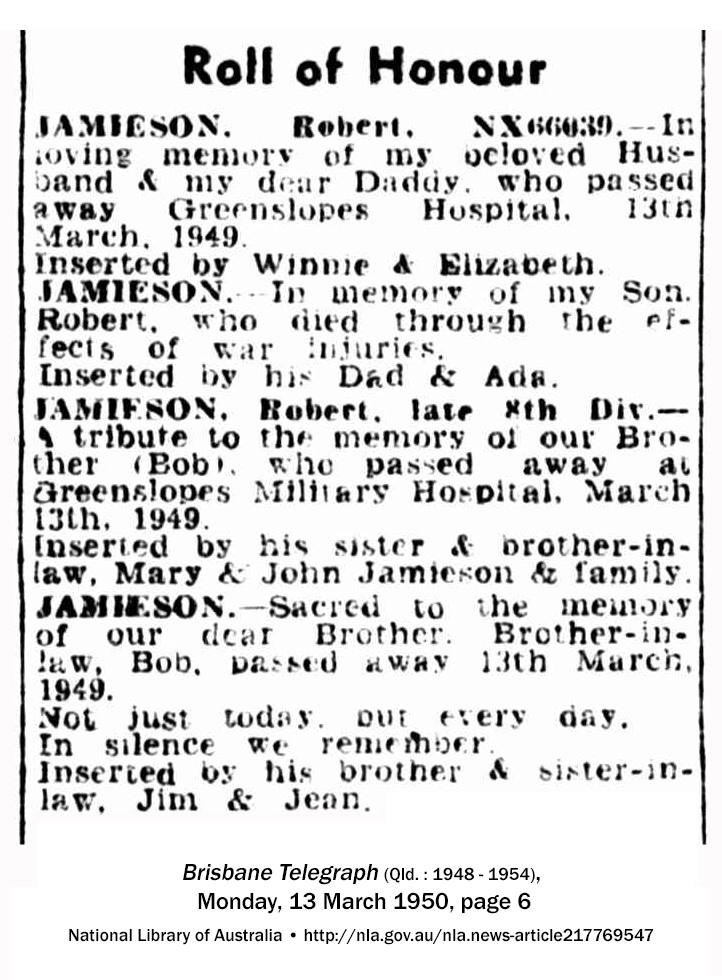 Roll of Honour (2078 KB) 13 March 1950 from page 6 of the Brisbane Telegraph (Brisbane, QLD, Australia) on Monday, 13 March 1950 (Click on Picture to View Full Size) picture