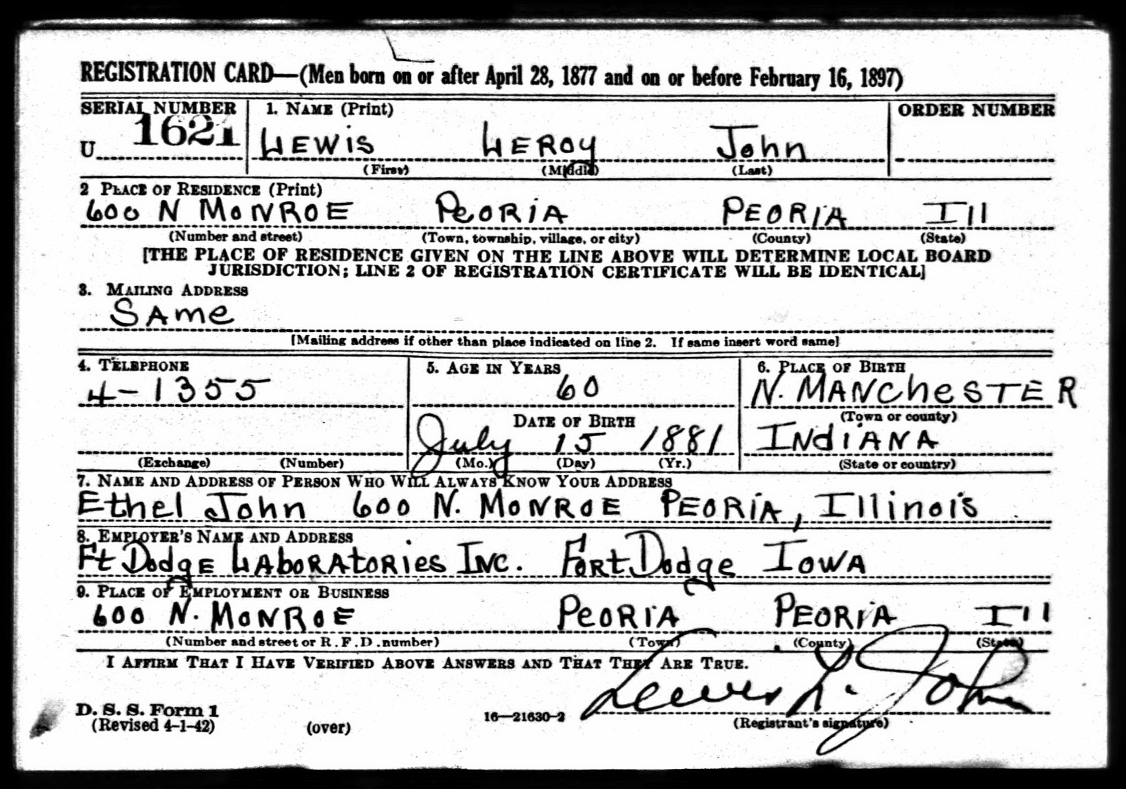 Lewis Leroy John WW2 draft registration card (front) (3670 KB) 1942 Lewis Leroy John, b. 15 July 1881 — WW2 draft registration card (front) (Click on Picture to View Full Size) picture