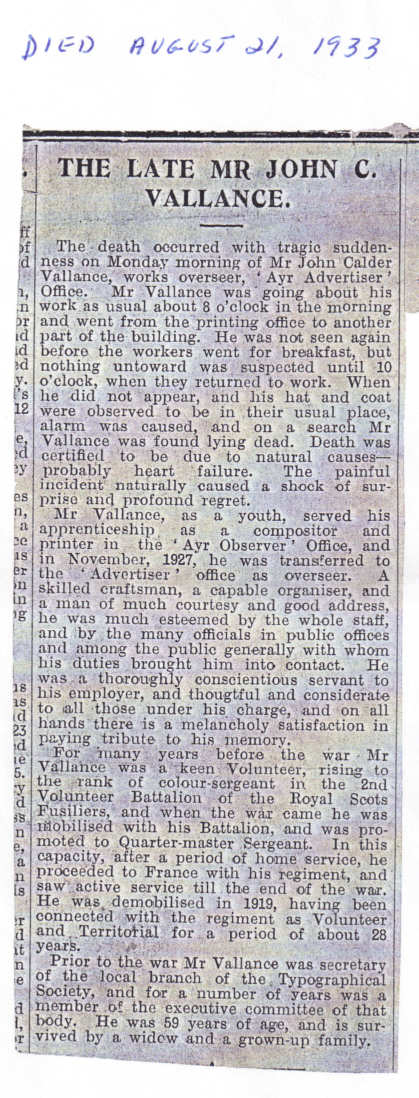 John Calder Vallance Obituary (5414 KB) (Click on Picture to View Full Size) picture