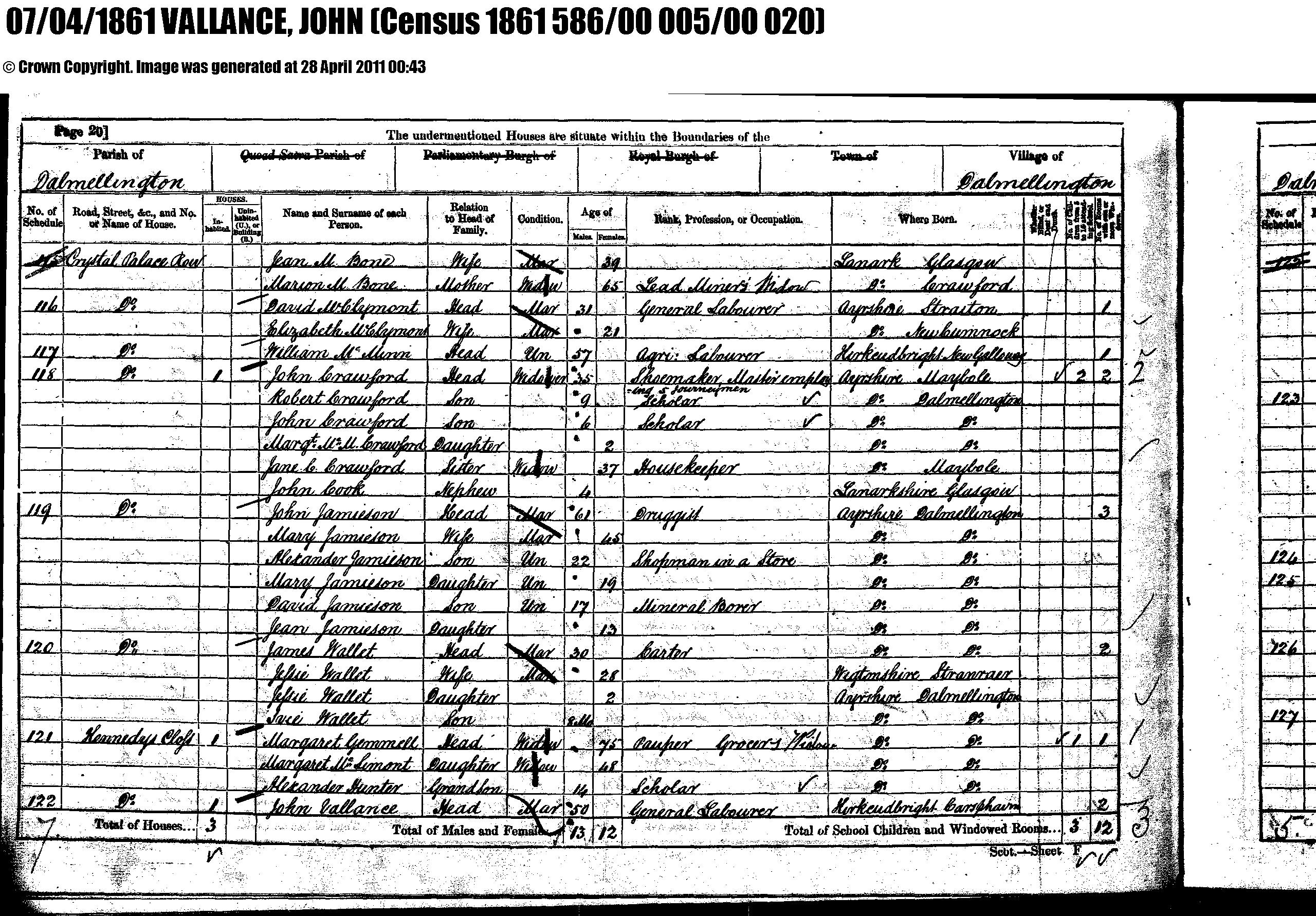 John Vallance 1861 Census (13365 KB) (Click on Picture to View Full Size) picture