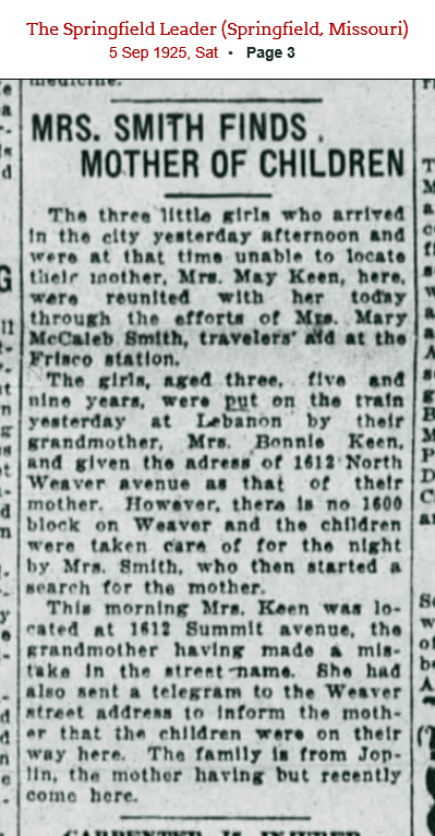 Keen children are reunited with their mother (902 KB) 5 September 1925 from page 3 of the Springfield Leader (Springfield, MO) (Click on Picture to View Full Size) picture