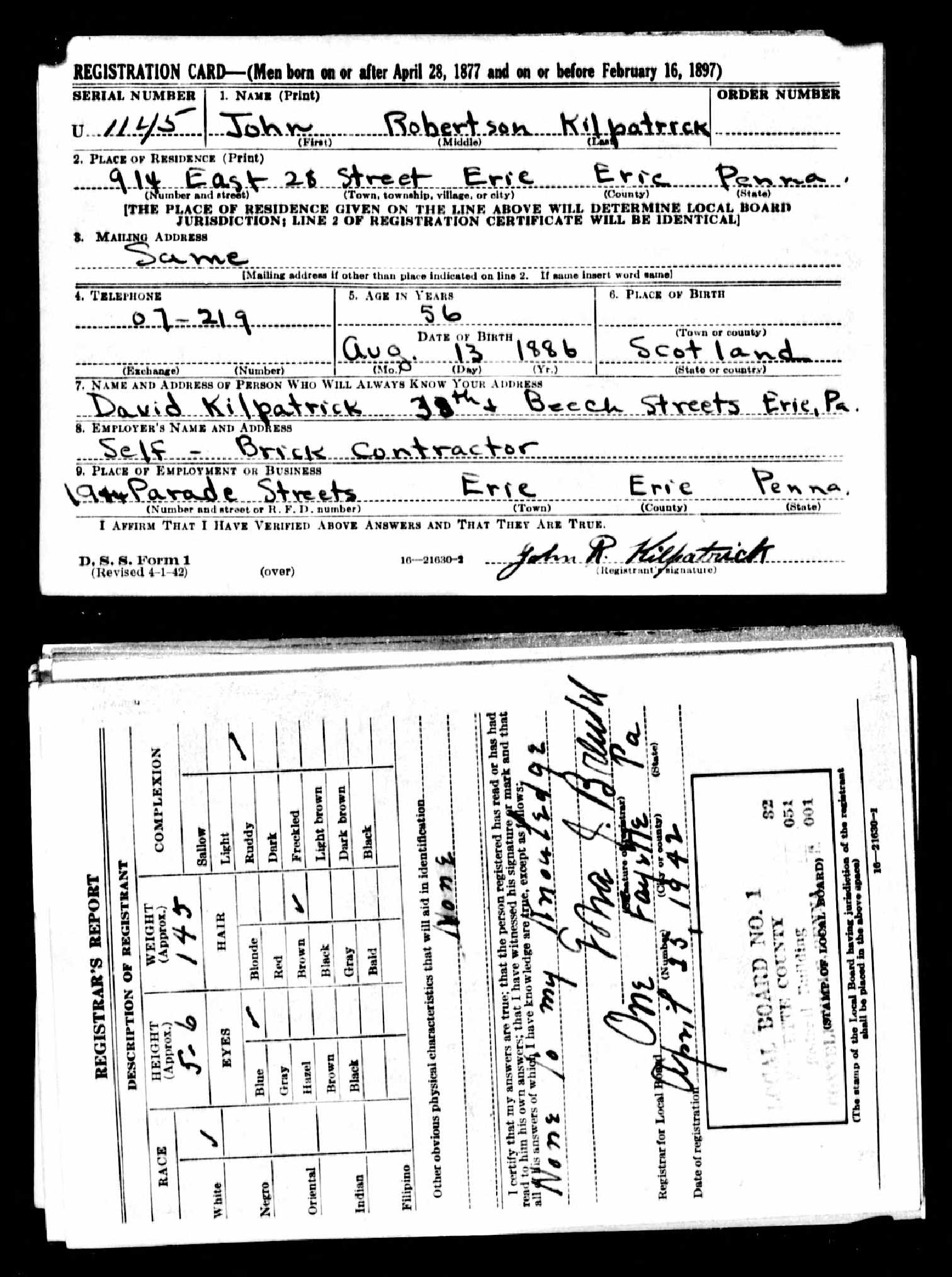 John Robertson Kilpatrick WW2 draft registration card (2994 KB) 25 April 1942 John Robertson Kilpatrick, b. 13 Aug 1886 — WW2 draft registration card (Click on Picture to View Full Size) picture