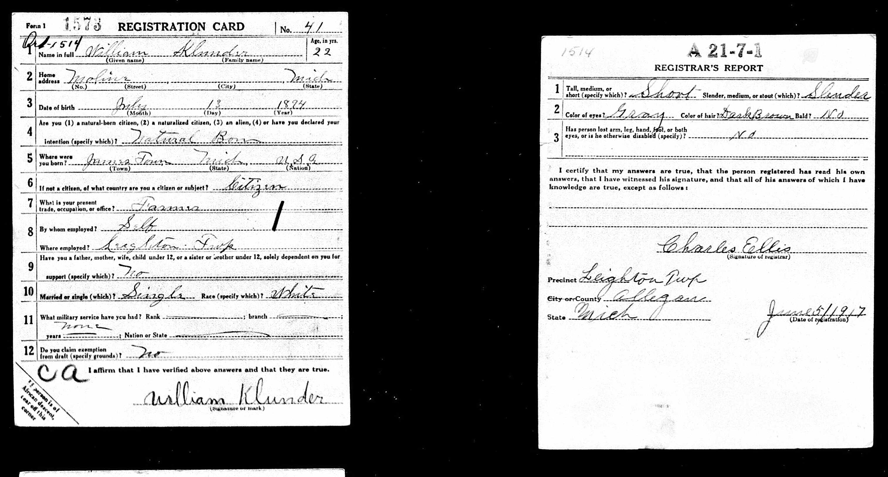 William Klunder WWI draft registration card (4814 KB) 5 June 1917 (Click on Picture to View Full Size) picture