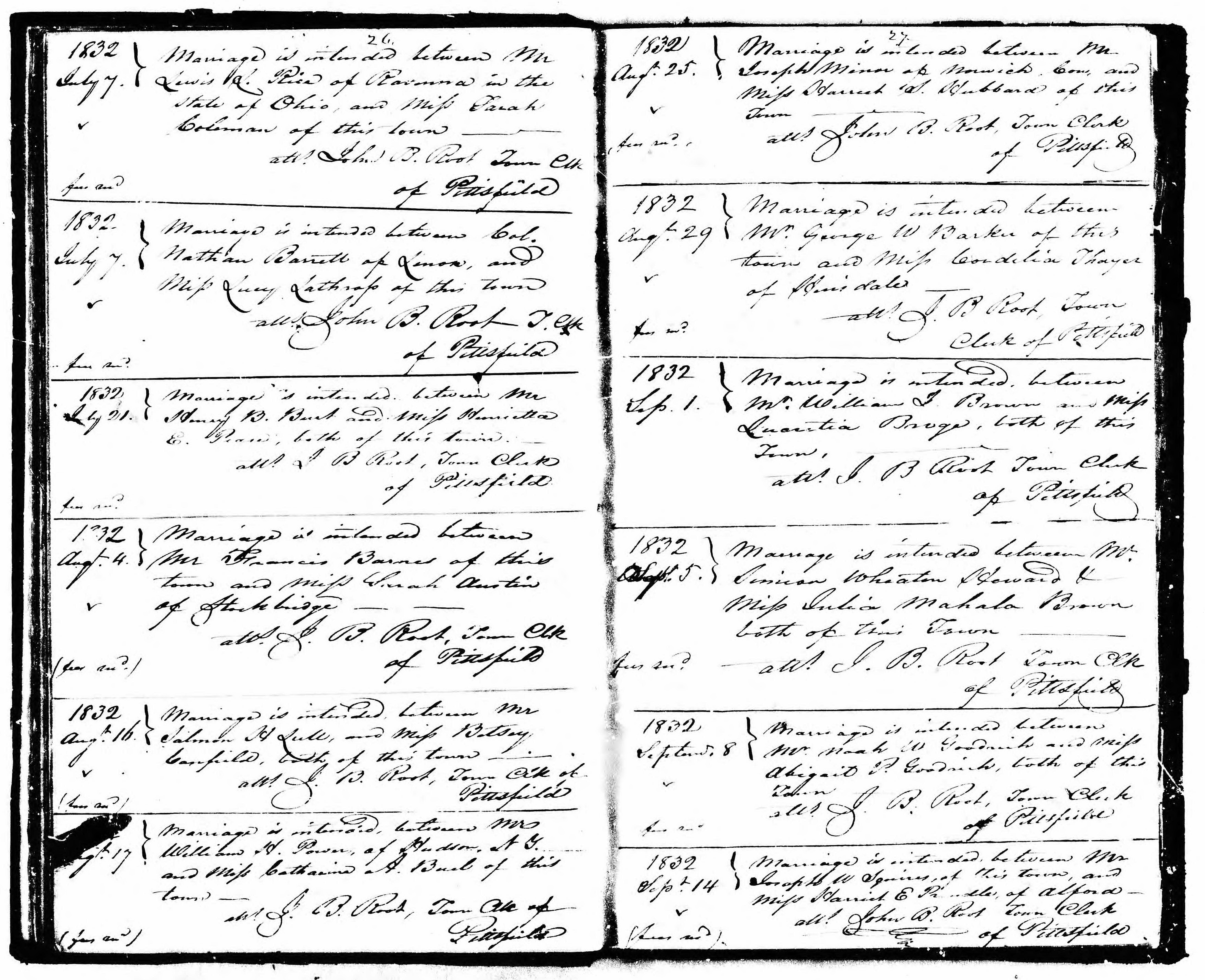 William H. Power and Catherine A. Buel intended marriage in Pittsfield, MA (1 of 2) (15231 KB) 17 August 1832 1832 Aug't 17. Marriage is intended between Mr William H. Power, of Hudson, N Y. and Miss Catharine A. Buel of this town -- attd. J.B. Root, Town Clerk of Pittsfield (Click on Picture to View Full Size) picture