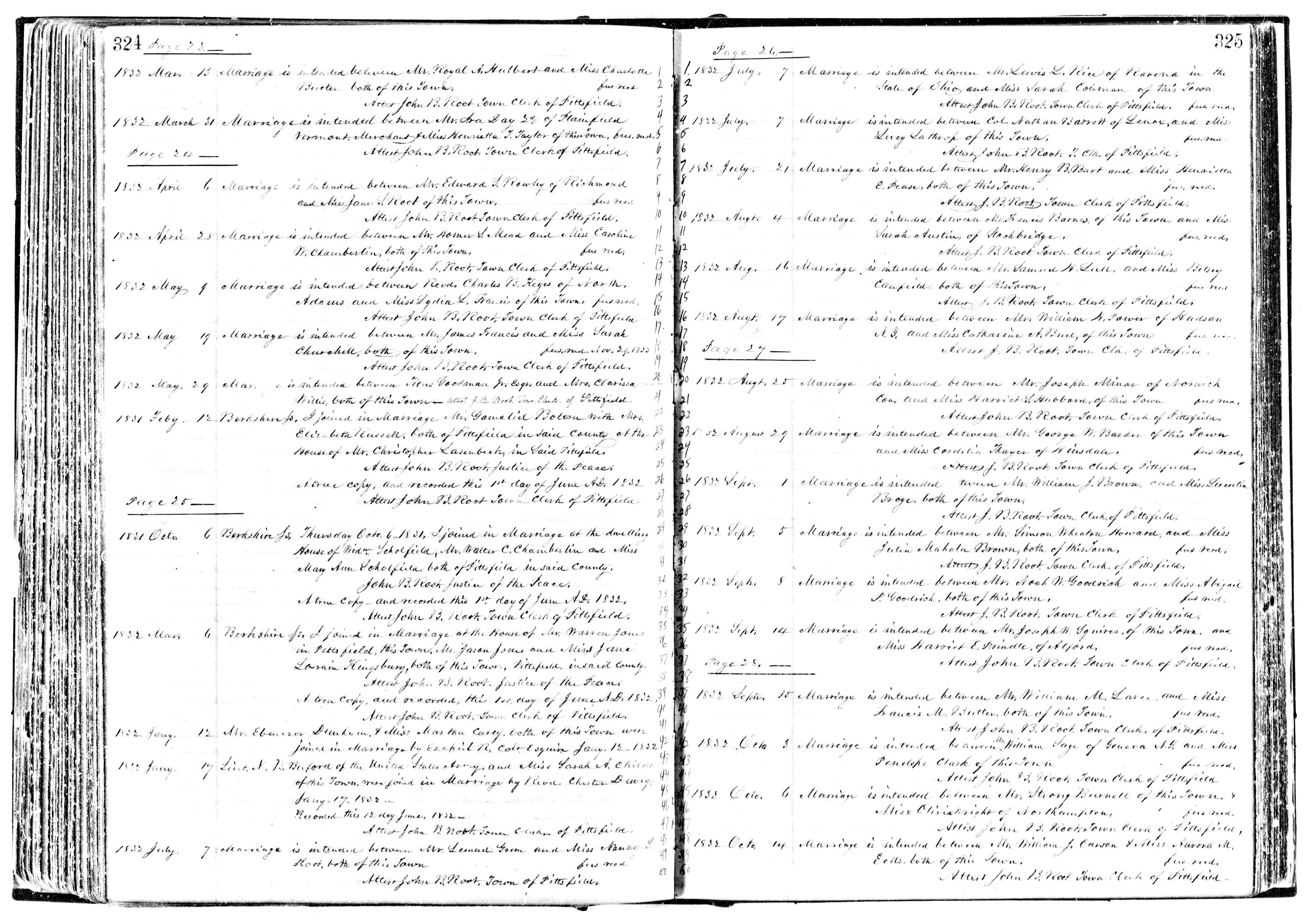 William H. Power and Catherine A. Buel intended marriage in Pittsfield, MA (2 of 2) (22012 KB) 17 August 1832 1832 Aug't 17. Marriage is intended between Mr. William H. Power of Hudson N.Y. and Miss Catharine A. Buel, of this Town fees, recd. Attest John B. Root, Town Clerk of Pittsfield. (Click on Picture to View Full Size) picture