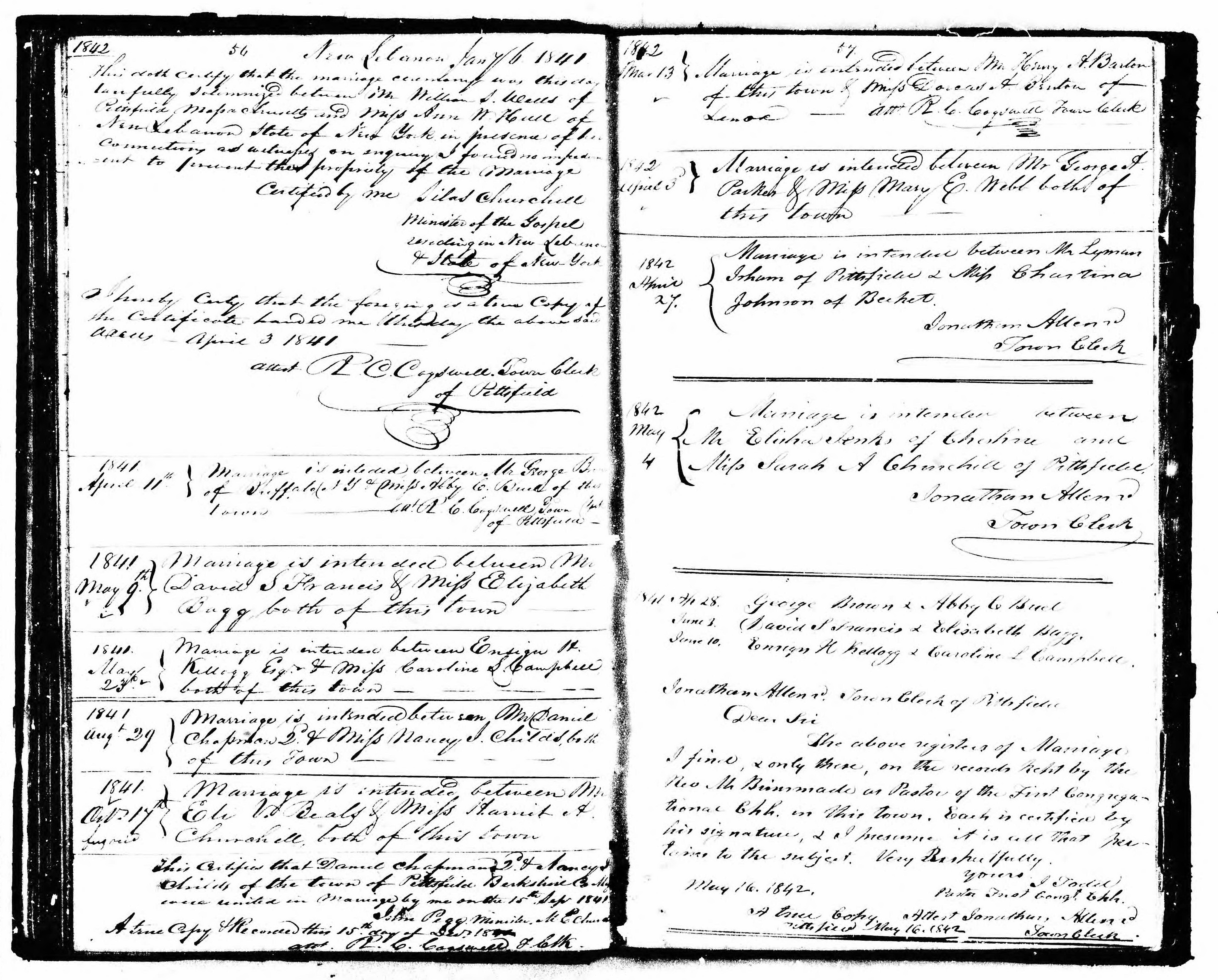 George Brown and Abby C. Buel intended marriage in Pittsfield, MA (15593 KB) 11 April 1841 1841 April 11th. Marriage is intended between Mr George Brown of Buffalo, N Y & Miss Abby C. Buel of this town -- c. a't. R.C. Cogswell, Town Clerk of Pittsfield (Click on Picture to View Full Size) picture