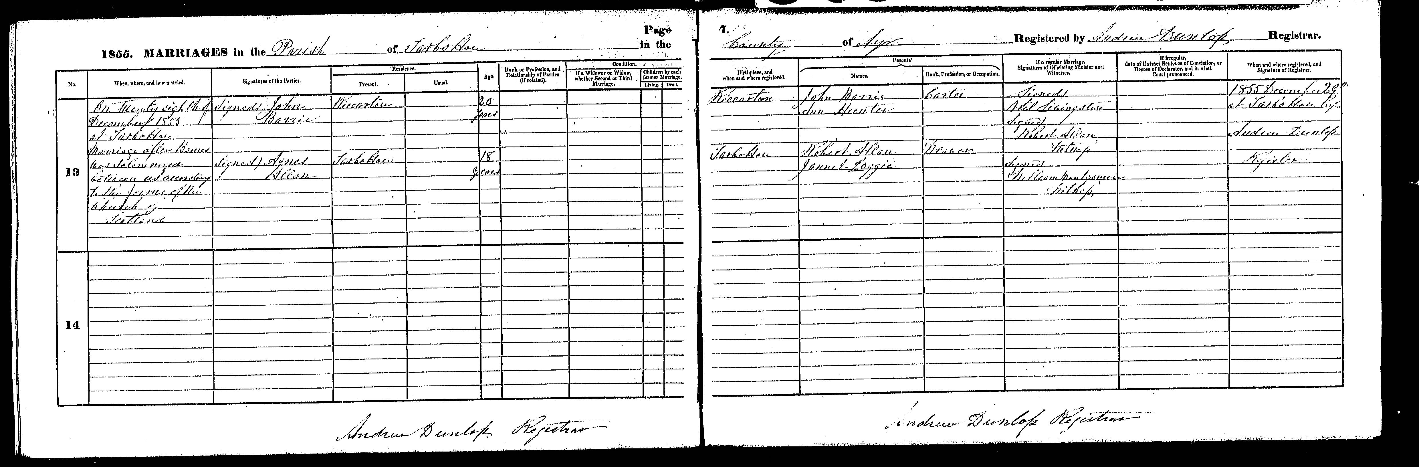 John Barrie and Agnes Allan marriage record in Tarbolton (23715 KB) 28 December 1855 1855 MARRIAGES in the Parish of Tarbolton in the County of Ayr, Scotland (Click on Picture to View Full Size) picture