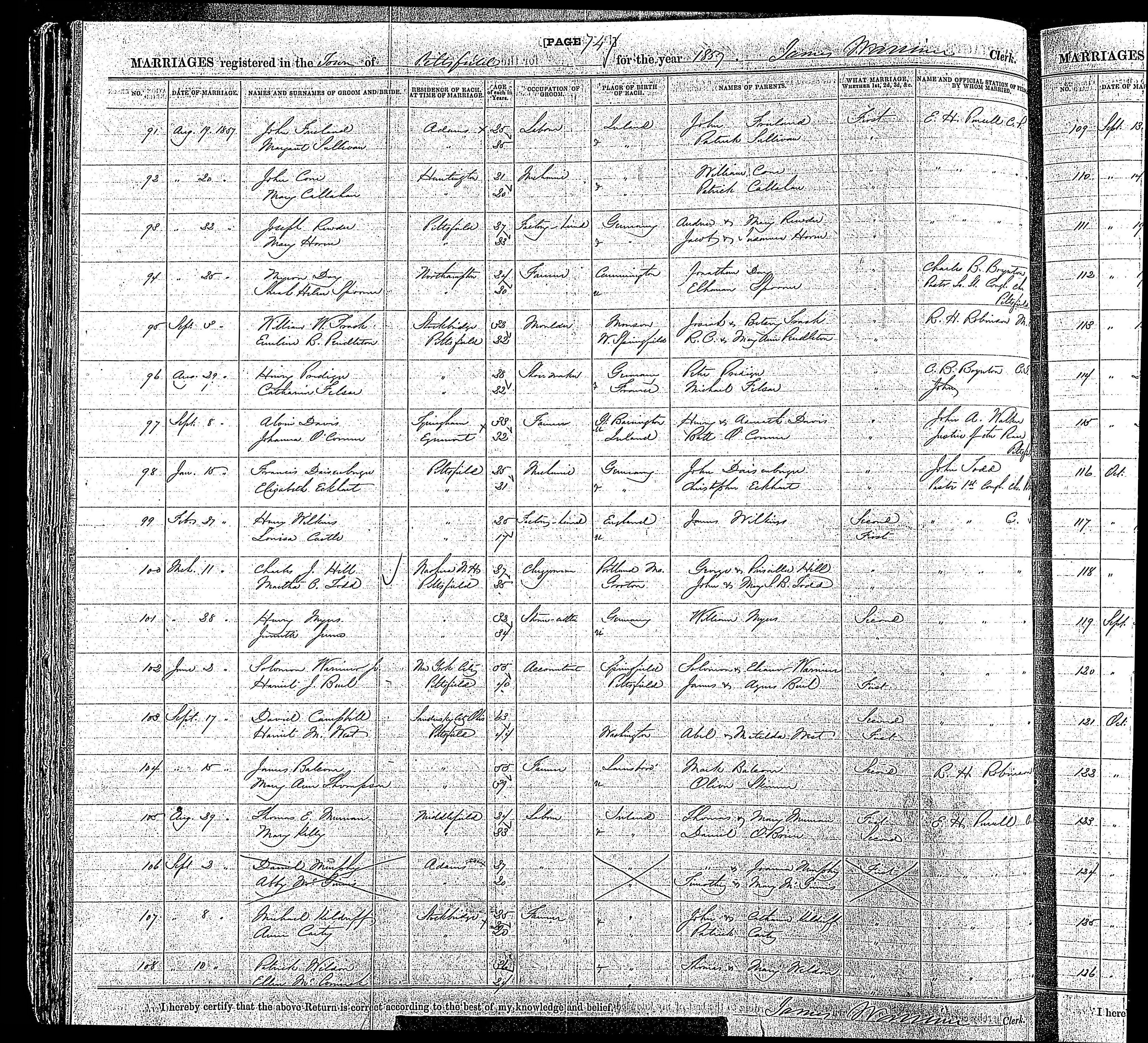 Solomon Warriner Jr and Harriet J. Buel marriage record in Pittsfield, MA (15093 KB) 2 June 1857 MARRIAGES registered in the Town of Pittsfield for the Year 1857 (Click on Picture to View Full Size) picture