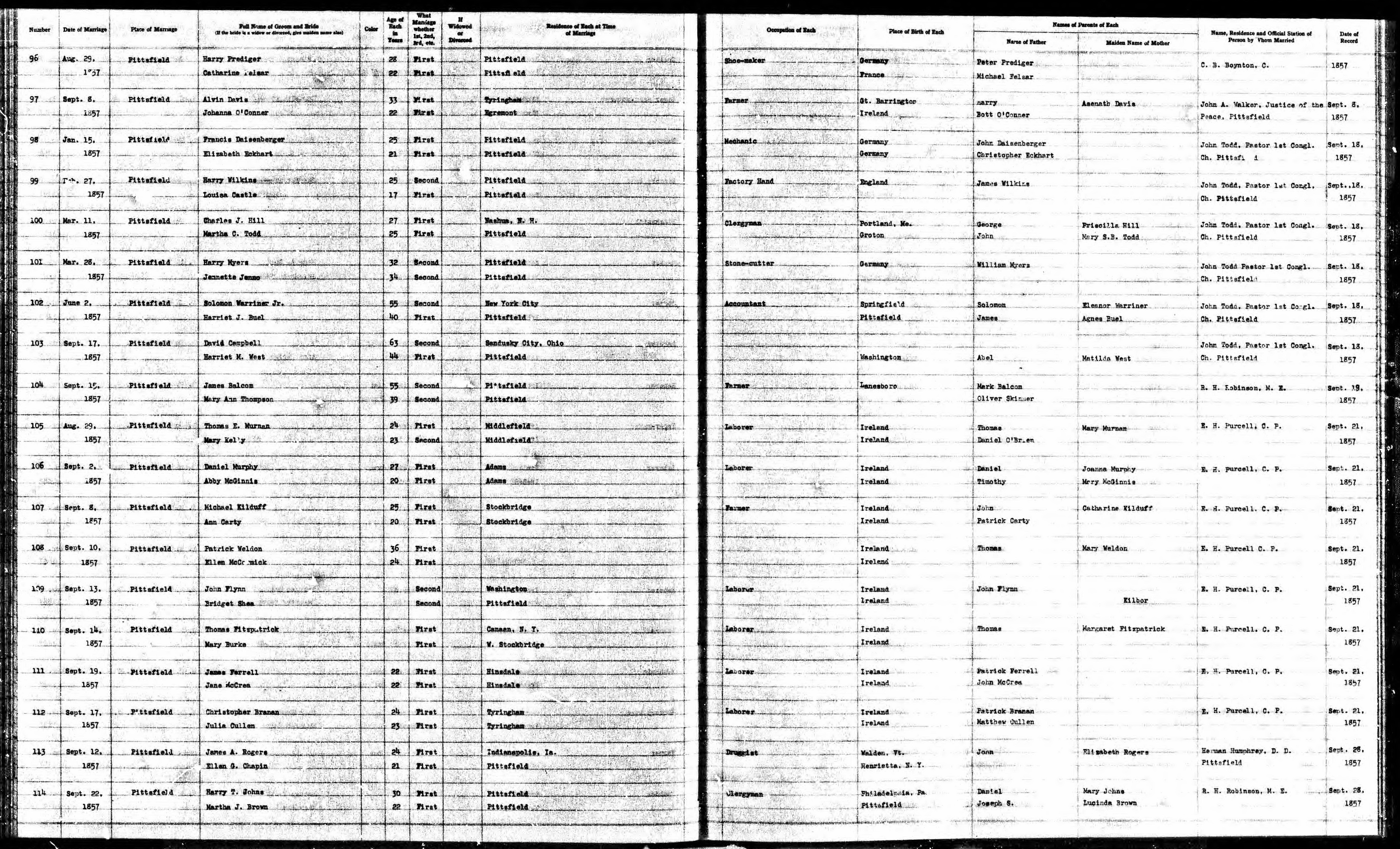 Solomon Warriner Jr and Harriet J. Buel marriage record in Pittsfield, MA (27677 KB) 2 June 1857 Massachusetts Town Vital Records 1620-1988 (Click on Picture to View Full Size) picture