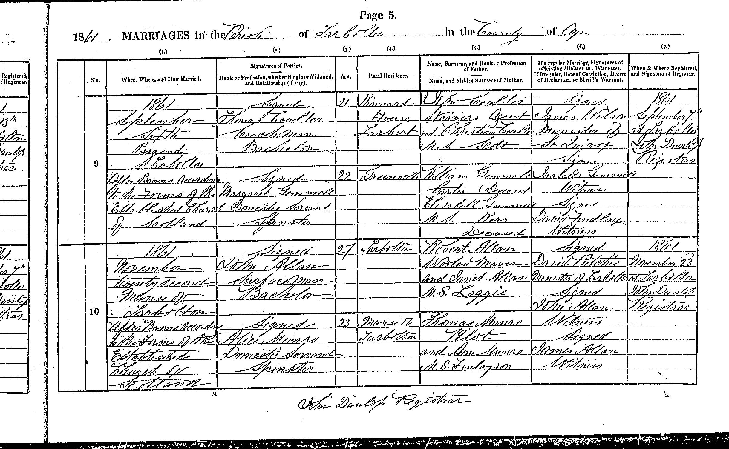John Allan and Alice Munro marriage record in Tarbolton (10751 KB) 22 November 1861 1861 MARRIAGES in the Parish of Tarbolton in the County of Ayr, Scotland (Click on Picture to View Full Size) picture