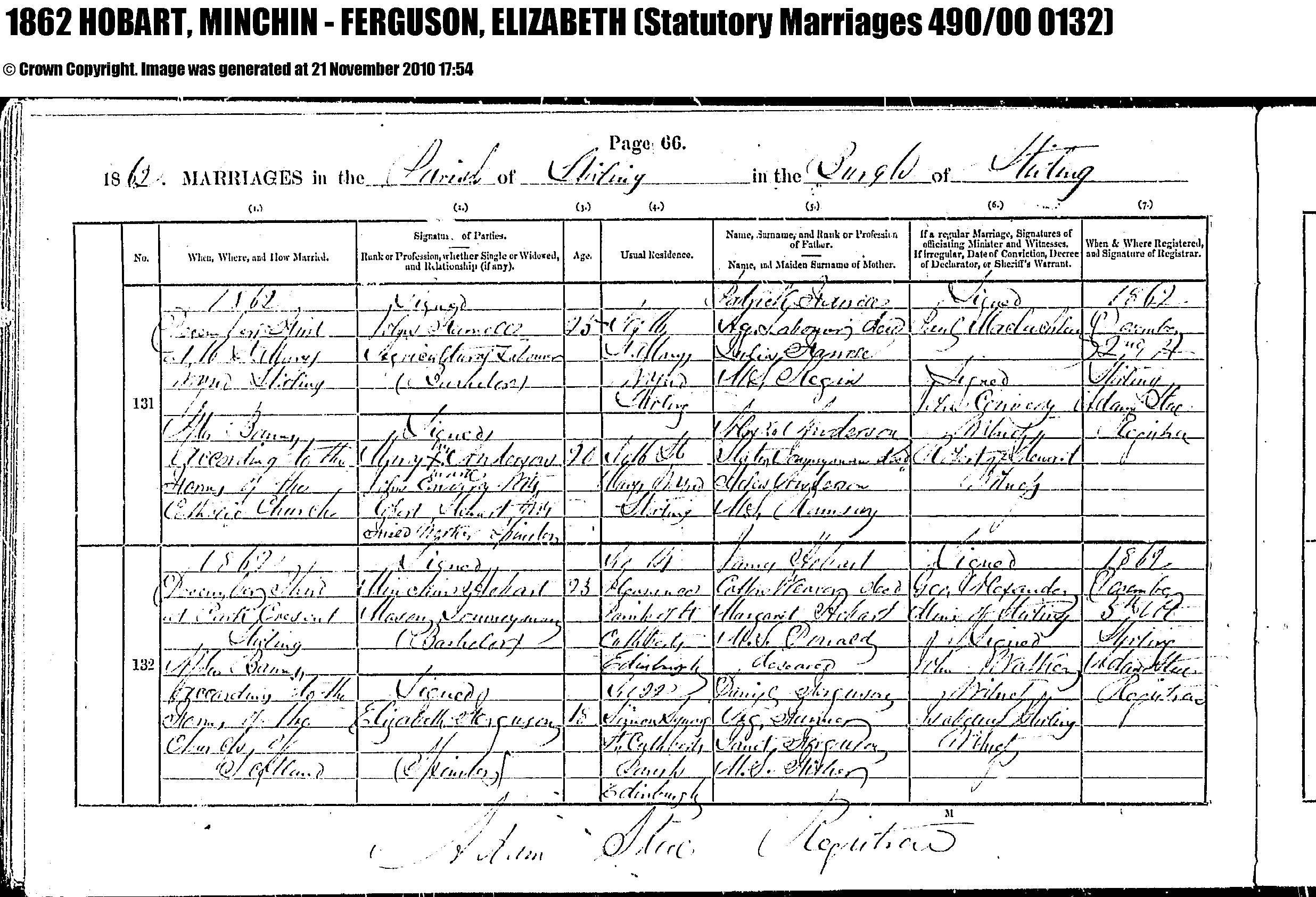 Minchin Hobart and Elizabeth Ferguson marriage records in Stirling (4070 KB) 3 December 1862 1862 MARRIAGES in the Parish of Stirling in the Burgh of Stirling, Scotland; Minchin Hobart, Mason, Journeyman (Bachelor), 23, son of James Hobart dead and Margaret Donald deceased and Elizabeth Ferguson, Spinster, 18, daughter of Daniel Ferguson and Janet Fisher. Statutory Marriages 490/00 0132. (Click on Picture to View Full Size) picture