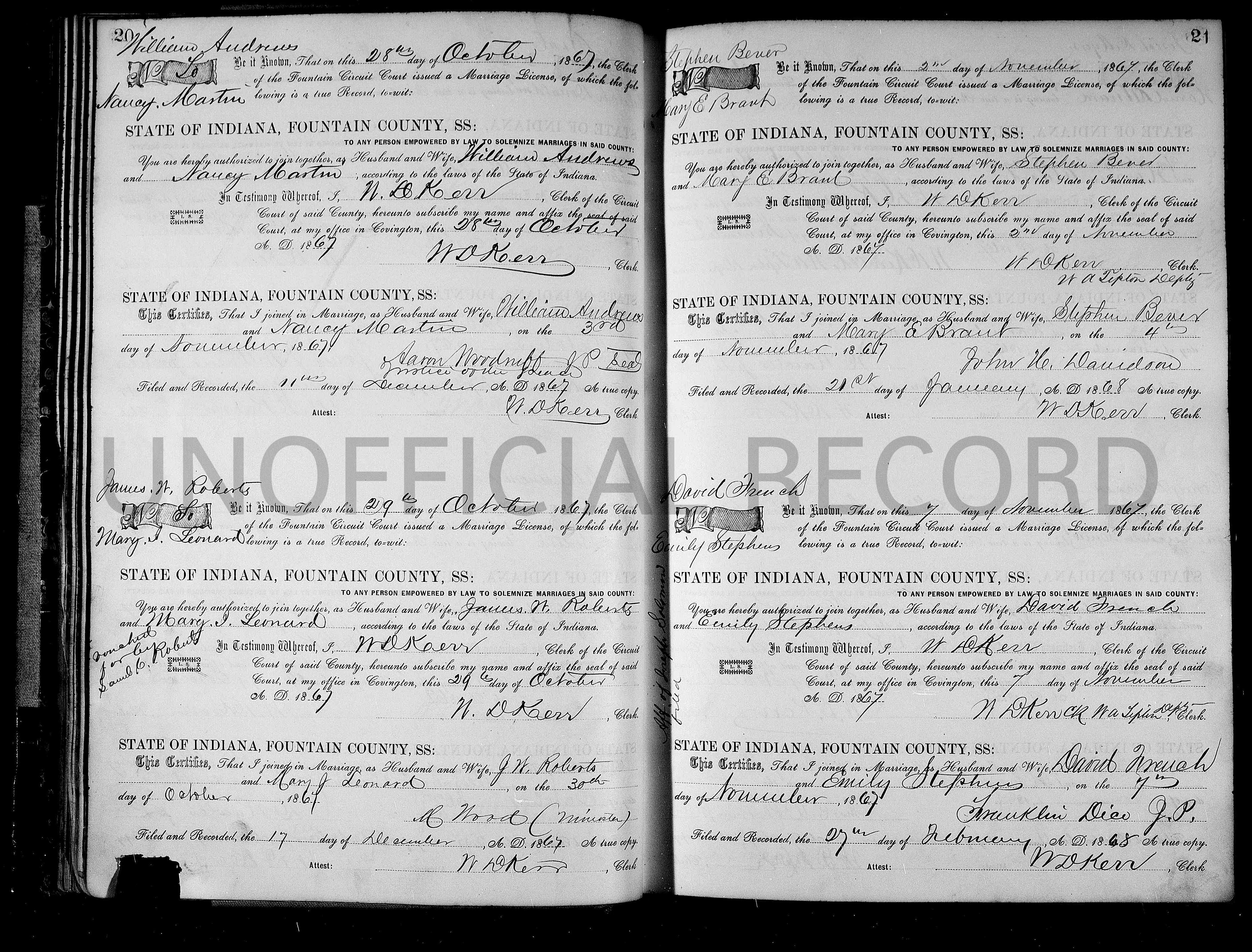 Stephen Bever and Mary E. Brant marriage record in Fountain County, Indiana (14247 KB) 4 November 1867 STATE OF INDIANA, FOUNTAIN COUNTY. Marriage license and affidavit of marriage officiant. (Click on Picture to View Full Size) picture