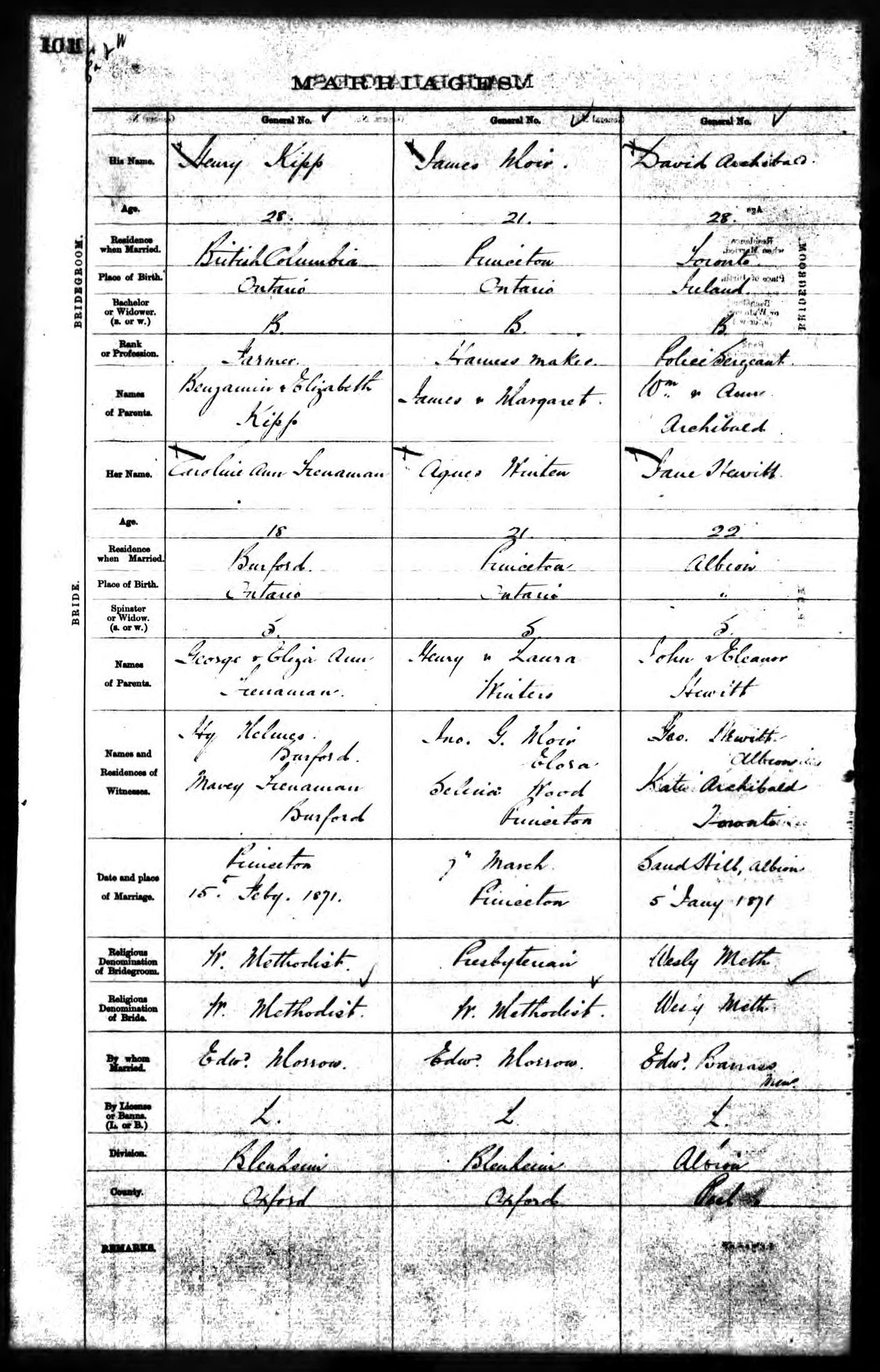 Henry Kipp and Caroline Ann Trenaman marriage record in Princeton (4932 KB) 15 February 1871 MARRIAGES. Princeton, Oxford County, Ontario, Canada. (Click on Picture to View Full Size) picture