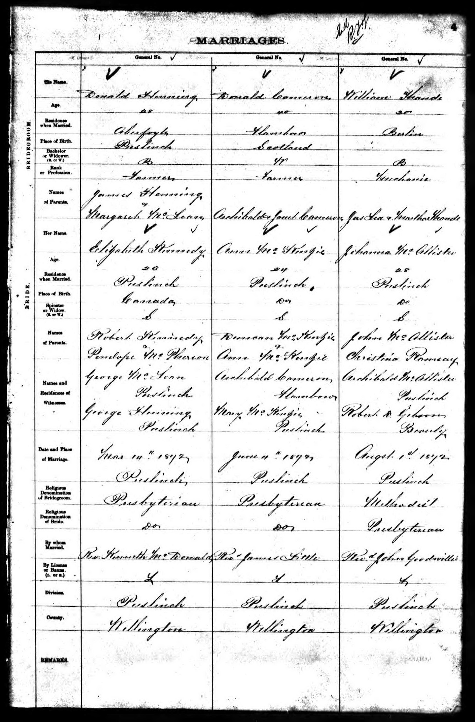 Donald Henning and Elizabeth Kennedy marriage record in Puslinch (5069 KB) 14 March 1872 MARRIAGES. Puslinch, Wellington County, Ontario, Canada. (Click on Picture to View Full Size) picture